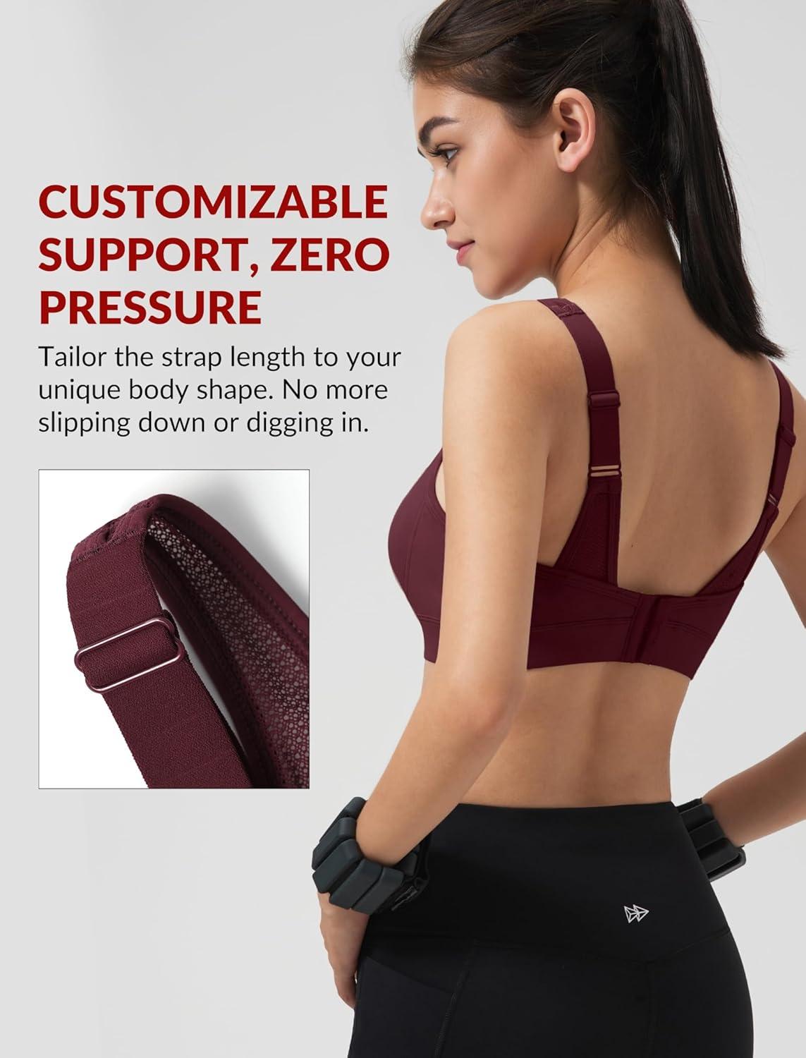Yvette Sports Bras for Women with Adjustable Straps High Impact Support Running Bra Wireless Front Cross Plus Size Workout(Burgundy)