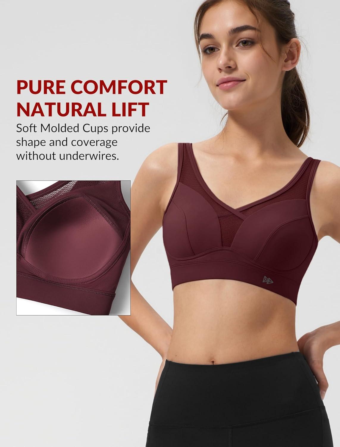 Yvette Sports Bras for Women with Adjustable Straps High Impact Support Running Bra Wireless Front Cross Plus Size Workout(Burgundy)