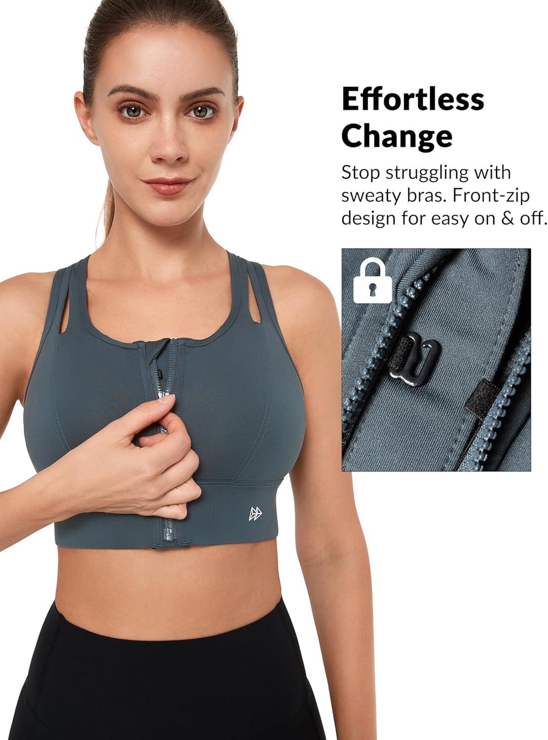 Yvette Sports Bras for Women High Impact Support, Front Zipper Running Bra Plus Size, No Bounce with Racerback & Sewn in Pads(Haze Blue)