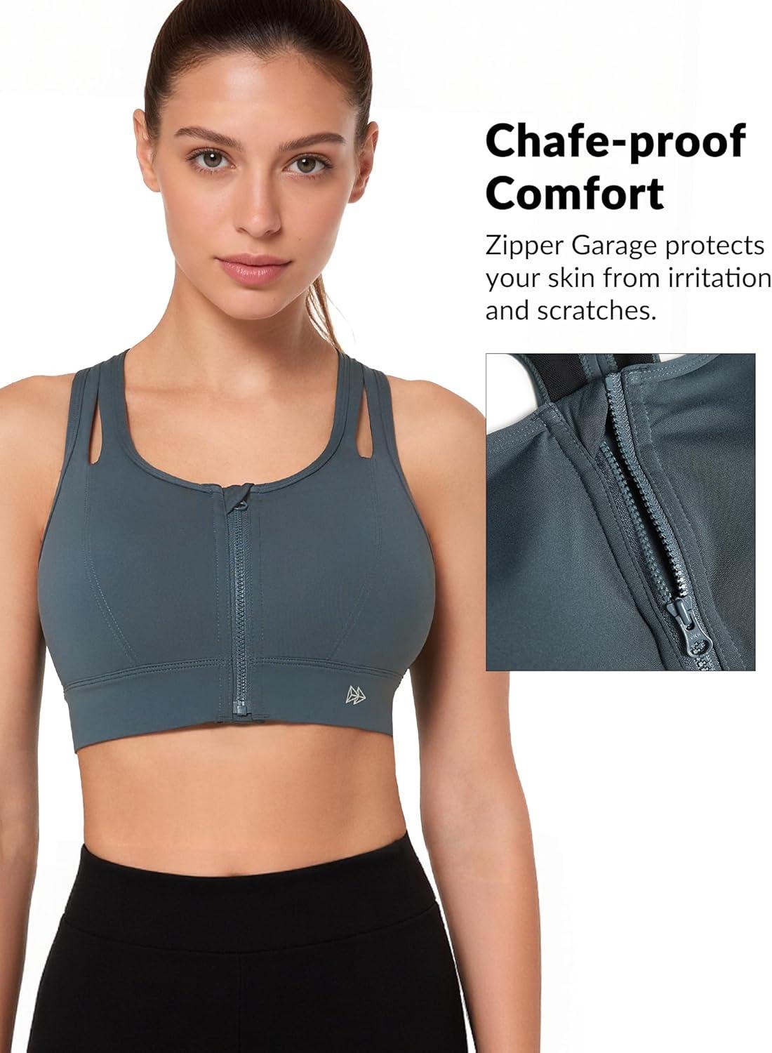 Yvette Sports Bras for Women High Impact Support, Front Zipper Running Bra Plus Size, No Bounce with Racerback & Sewn in Pads(Haze Blue)