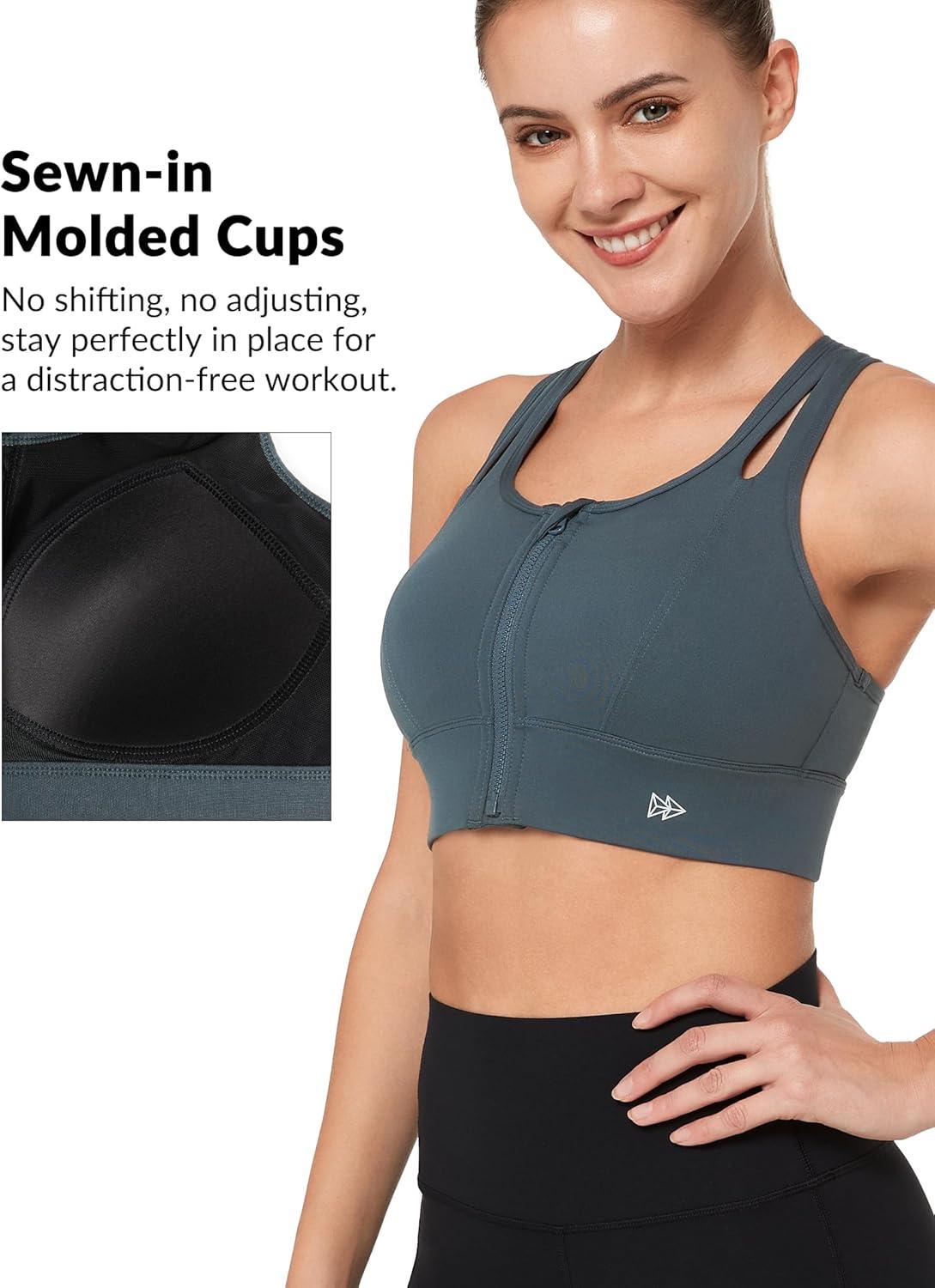 Yvette Sports Bras for Women High Impact Support, Front Zipper Running Bra Plus Size, No Bounce with Racerback & Sewn in Pads(Haze Blue)