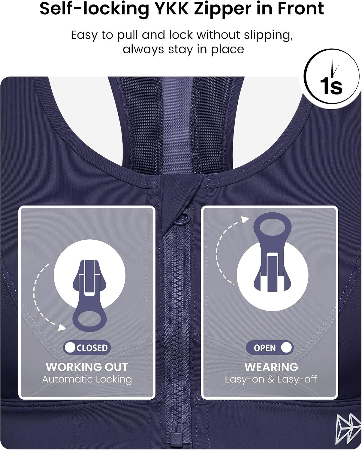 Yvette Zip Front Sports Bra High Impact Running | Secure Locking Zipper,Fixed Non-Slip Pads,Breathable,Wireless Comfort,Full Coverage,Plus Size Friendly,Gym Workout,Fitness(Sea Blue)