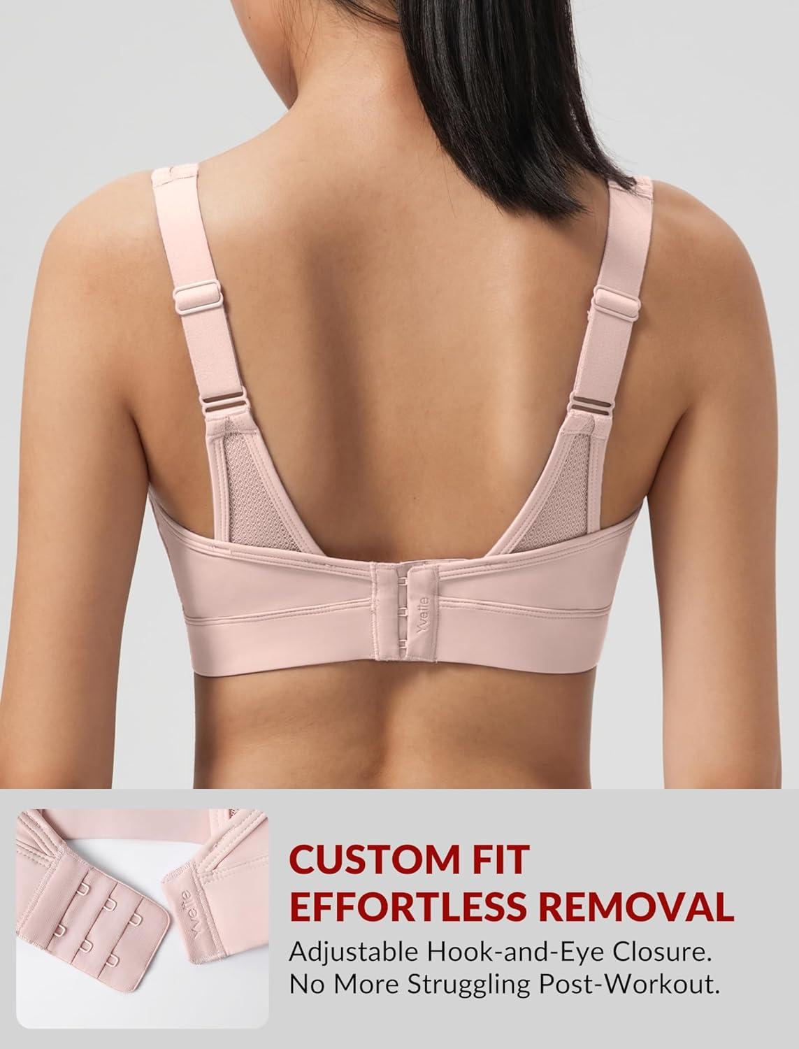 Yvette Sports Bras for Women with Adjustable Straps High Impact Support Running Bra Wireless Front Cross Plus Size Workout(Pink)