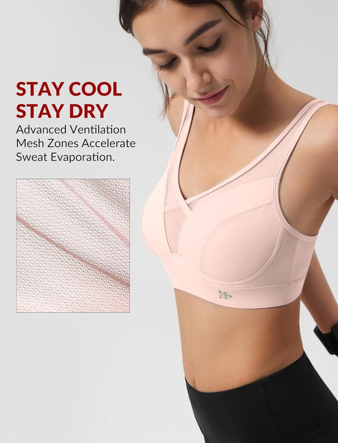 Yvette Sports Bras for Women with Adjustable Straps High Impact Support Running Bra Wireless Front Cross Plus Size Workout(Pink)