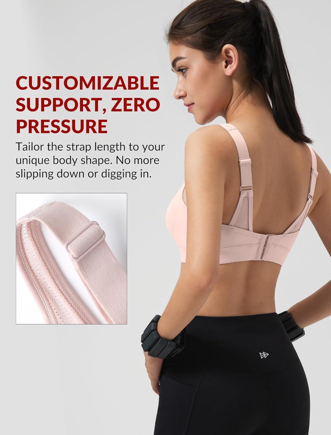 Yvette Sports Bras for Women with Adjustable Straps High Impact Support Running Bra Wireless Front Cross Plus Size Workout(Pink)
