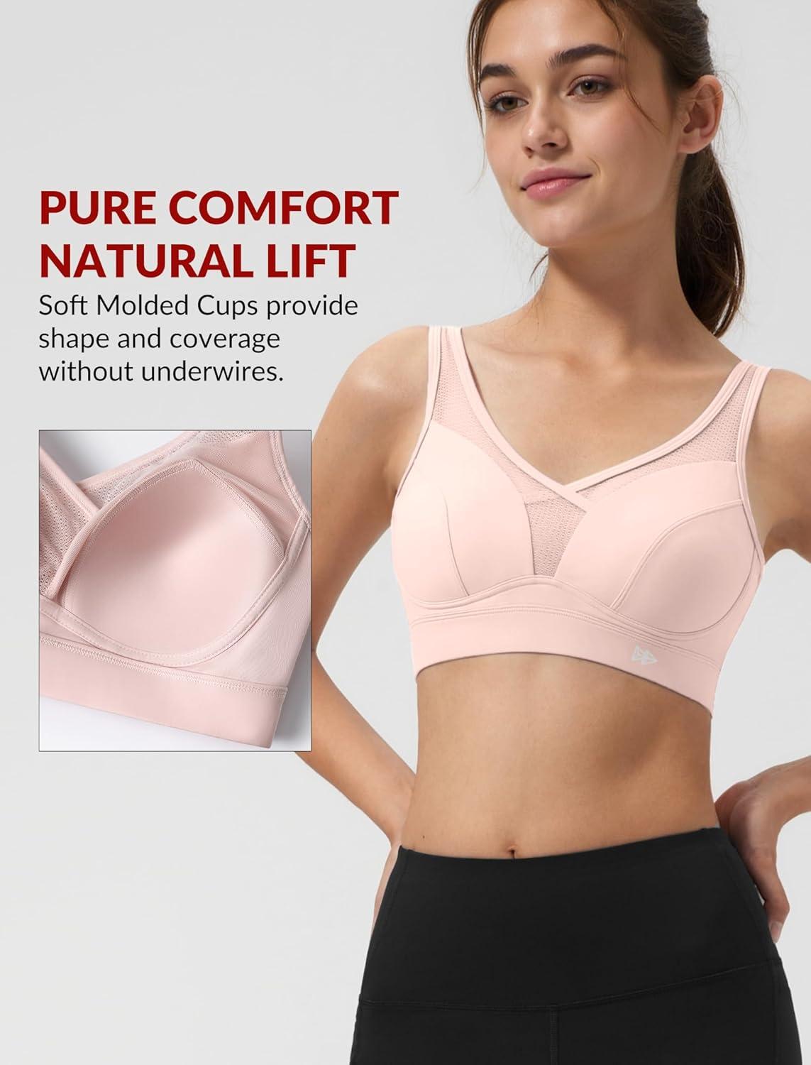 Yvette Sports Bras for Women with Adjustable Straps High Impact Support Running Bra Wireless Front Cross Plus Size Workout(Pink)