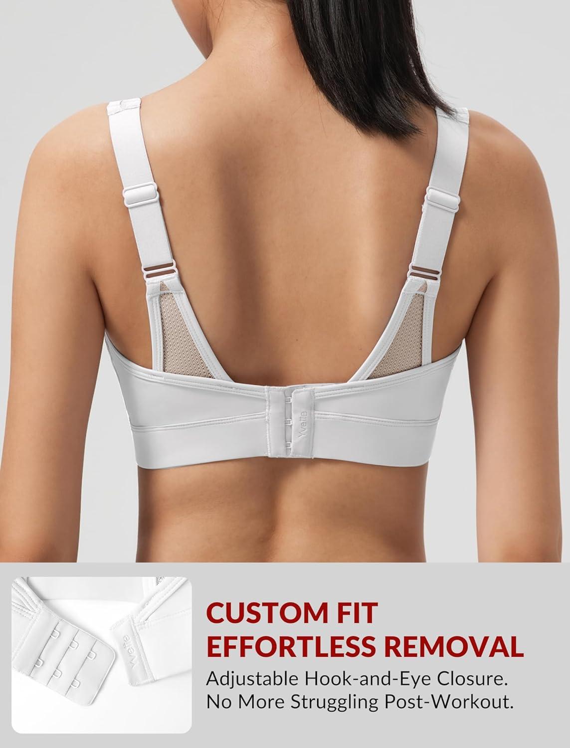 Yvette Sports Bras for Women with Adjustable Straps High Impact Support Running Bra Wireless Front Cross Plus Size Workout(White)