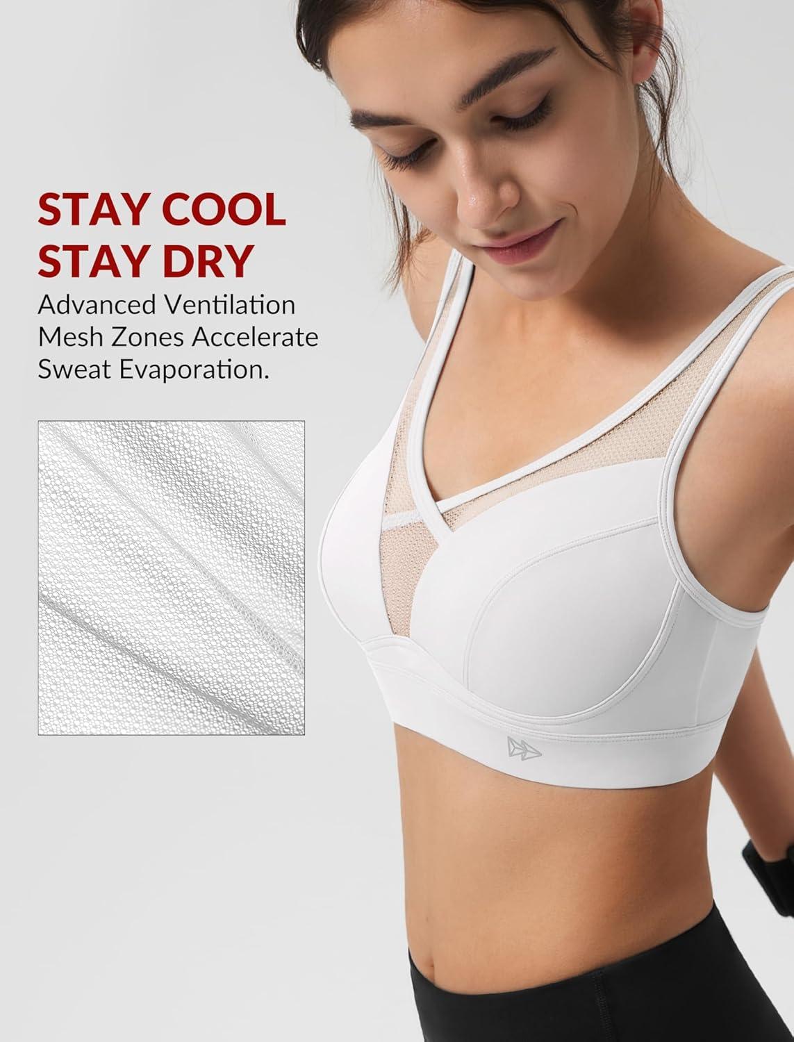Yvette Sports Bras for Women with Adjustable Straps High Impact Support Running Bra Wireless Front Cross Plus Size Workout(White)