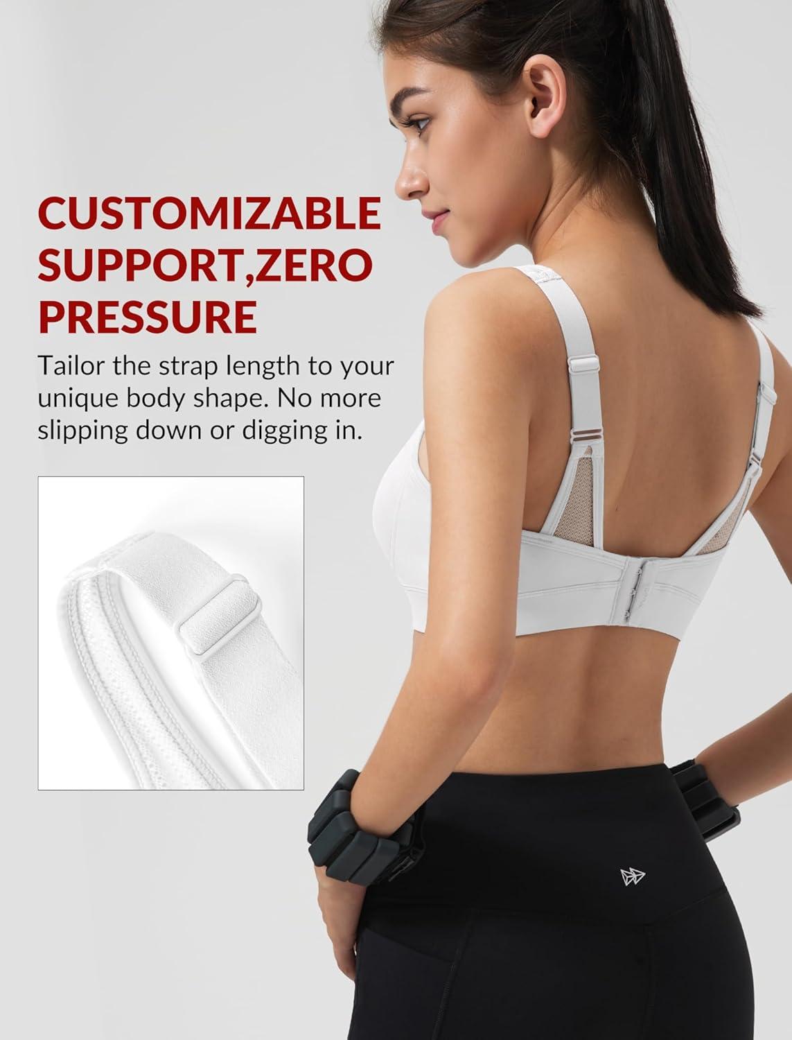 Yvette Sports Bras for Women with Adjustable Straps High Impact Support Running Bra Wireless Front Cross Plus Size Workout(White)