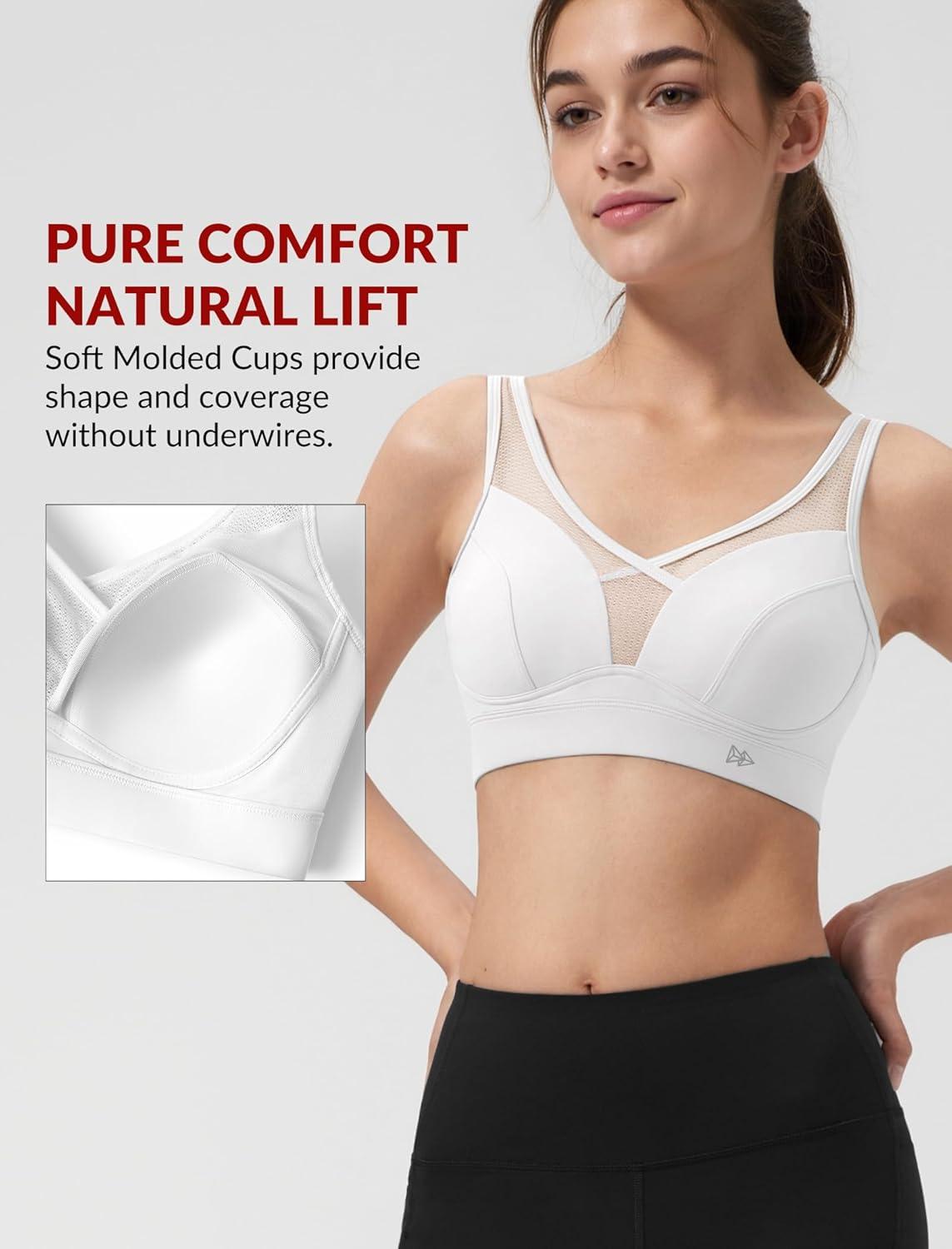 Yvette Sports Bras for Women with Adjustable Straps High Impact Support Running Bra Wireless Front Cross Plus Size Workout(White)