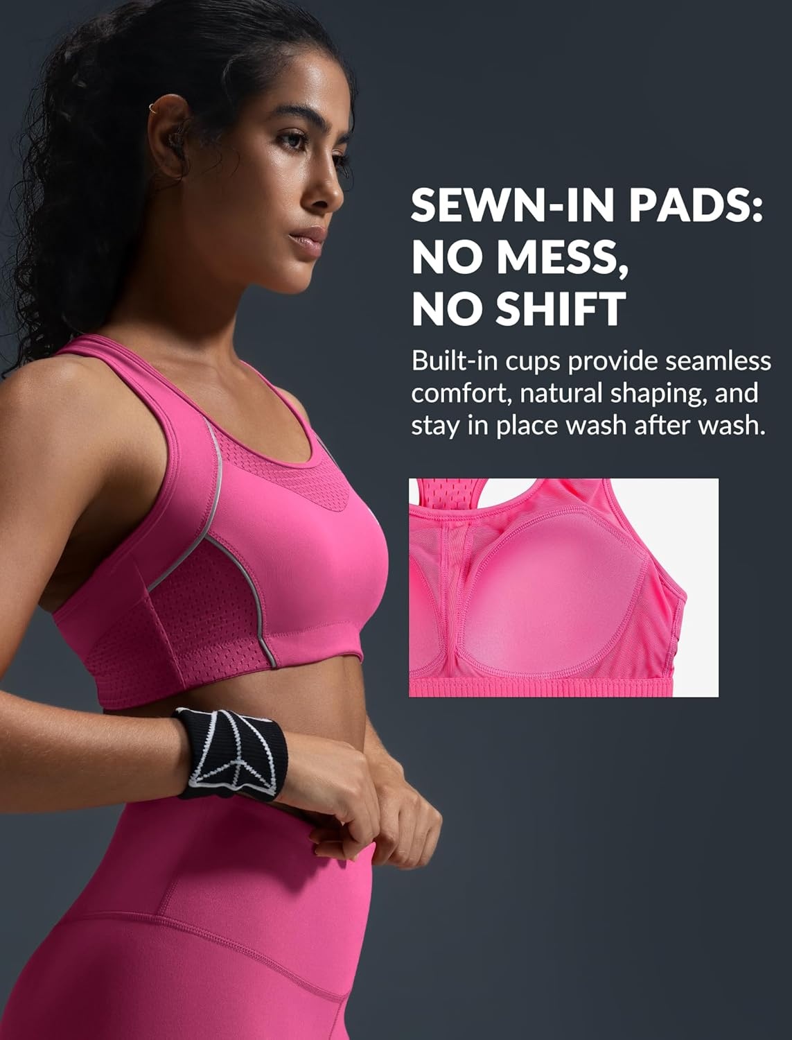 Yvette High Impact Sports Bras for Women Sewn-in Pads Racerback Workout Bra for Running HIIT Large Breast Support A-DDD Cups(Rose Red)
