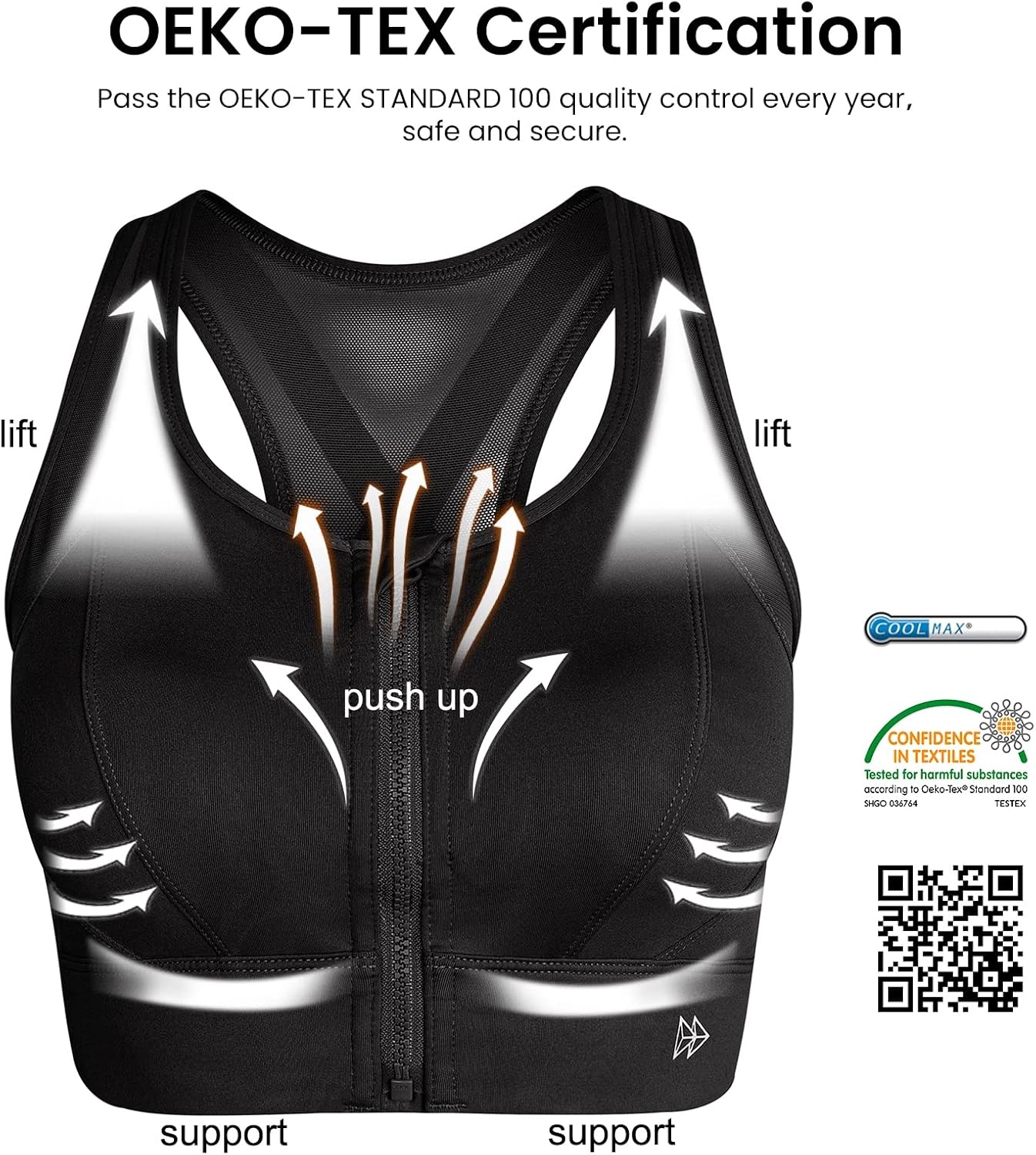 Yvette High Impact Zip Front Sports Bra for Women | Supportive, Breathable Mesh Racerback, Nonremovable Cups, Wireless, Easy on and off, Running(Black)