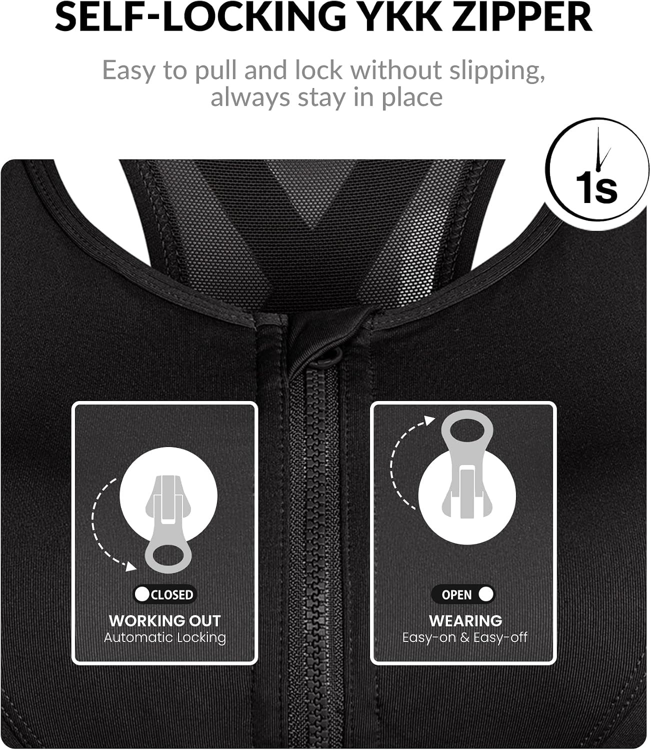 Yvette High Impact Zip Front Sports Bra for Women | Supportive, Breathable Mesh Racerback, Nonremovable Cups, Wireless, Easy on and off, Running(Black)