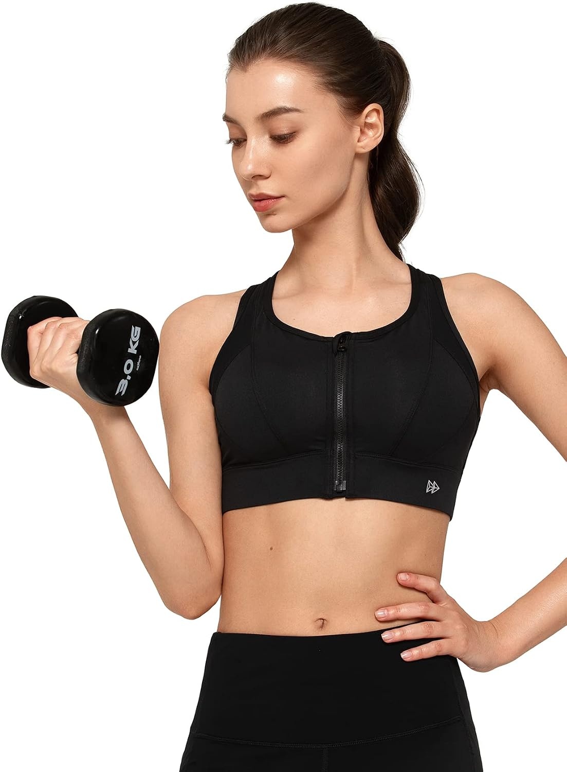 Yvette High Impact Zip Front Sports Bra for Women | Supportive, Breathable Mesh Racerback, Nonremovable Cups, Wireless, Easy on and off, Running(Black)