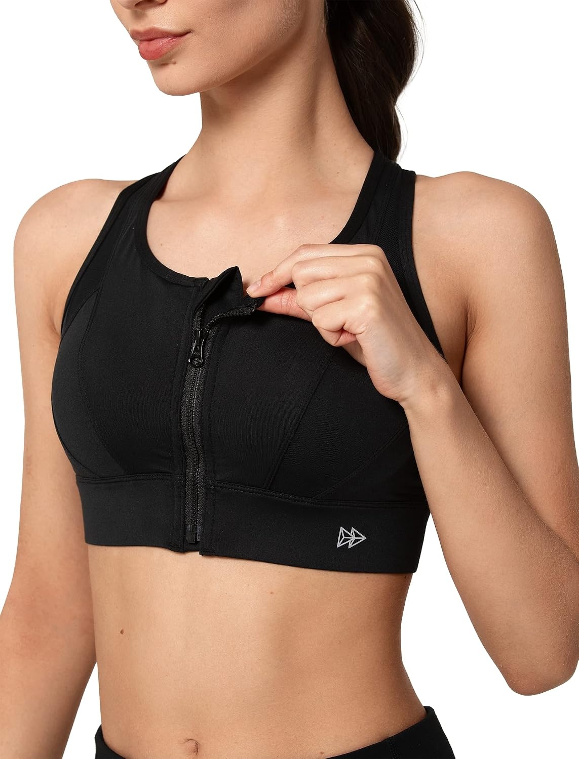 Yvette High Impact Zip Front Sports Bra for Women | Supportive, Breathable Mesh Racerback, Nonremovable Cups, Wireless, Easy on and off, Running(Black)