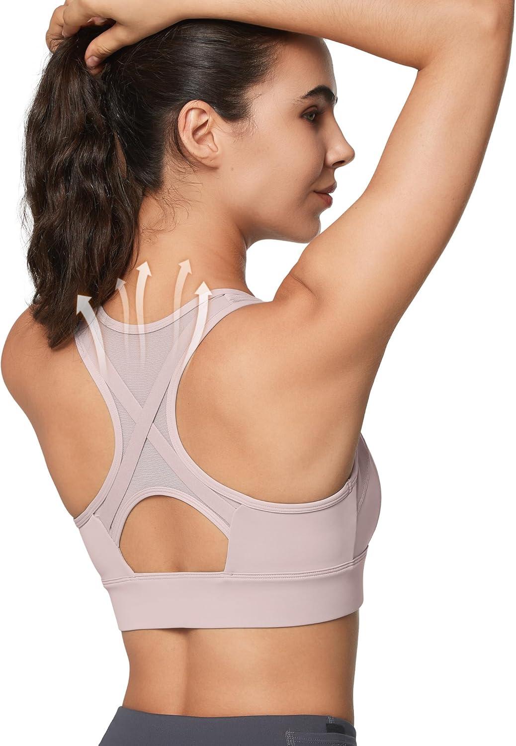 Yvette High Impact Zip Front Sports Bra Mesh Racerback Workout High Support Sports Bras for Women Large Breasts(Pale Pink)