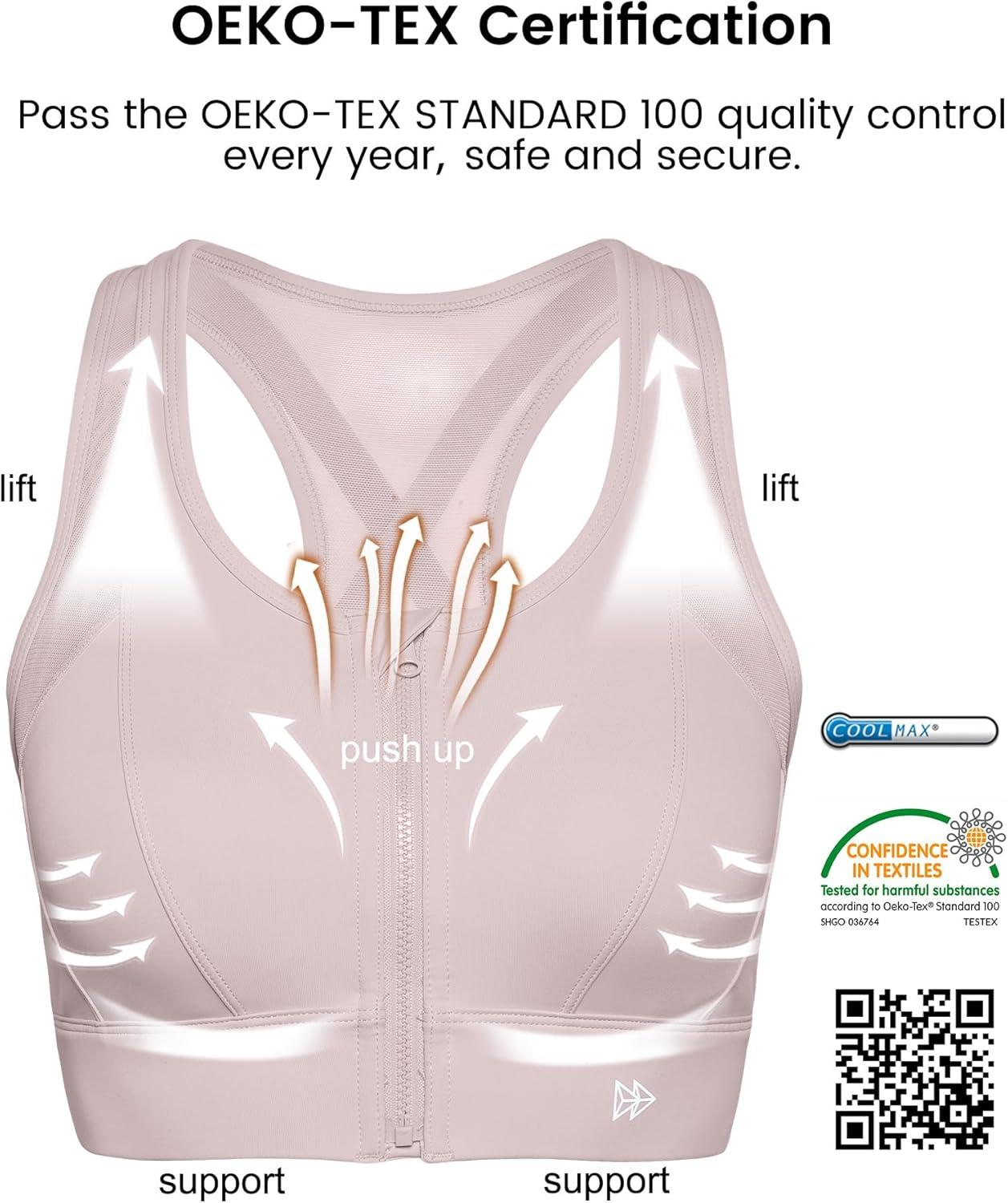Yvette High Impact Zip Front Sports Bra Mesh Racerback Workout High Support Sports Bras for Women Large Breasts(Pale Pink)