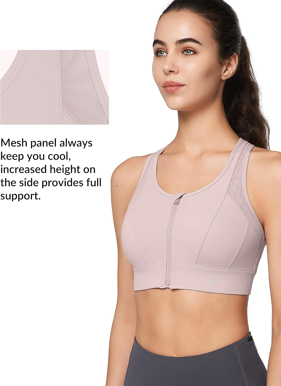 Yvette High Impact Zip Front Sports Bra for Women | Supportive, Breathable Mesh Racerback, Nonremovable Cups, Wireless, Easy on and off, Running(Pale Pink)