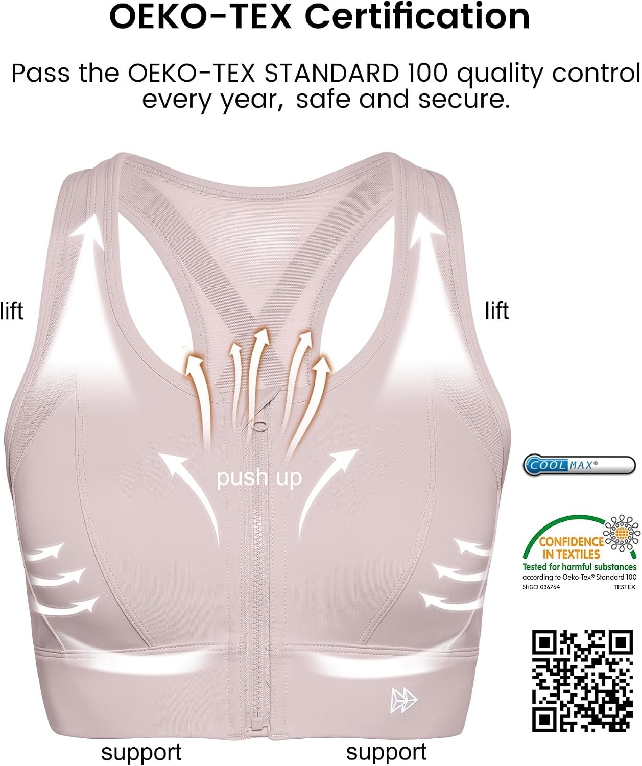 Yvette High Impact Zip Front Sports Bra for Women | Supportive, Breathable Mesh Racerback, Nonremovable Cups, Wireless, Easy on and off, Running(Pale Pink)