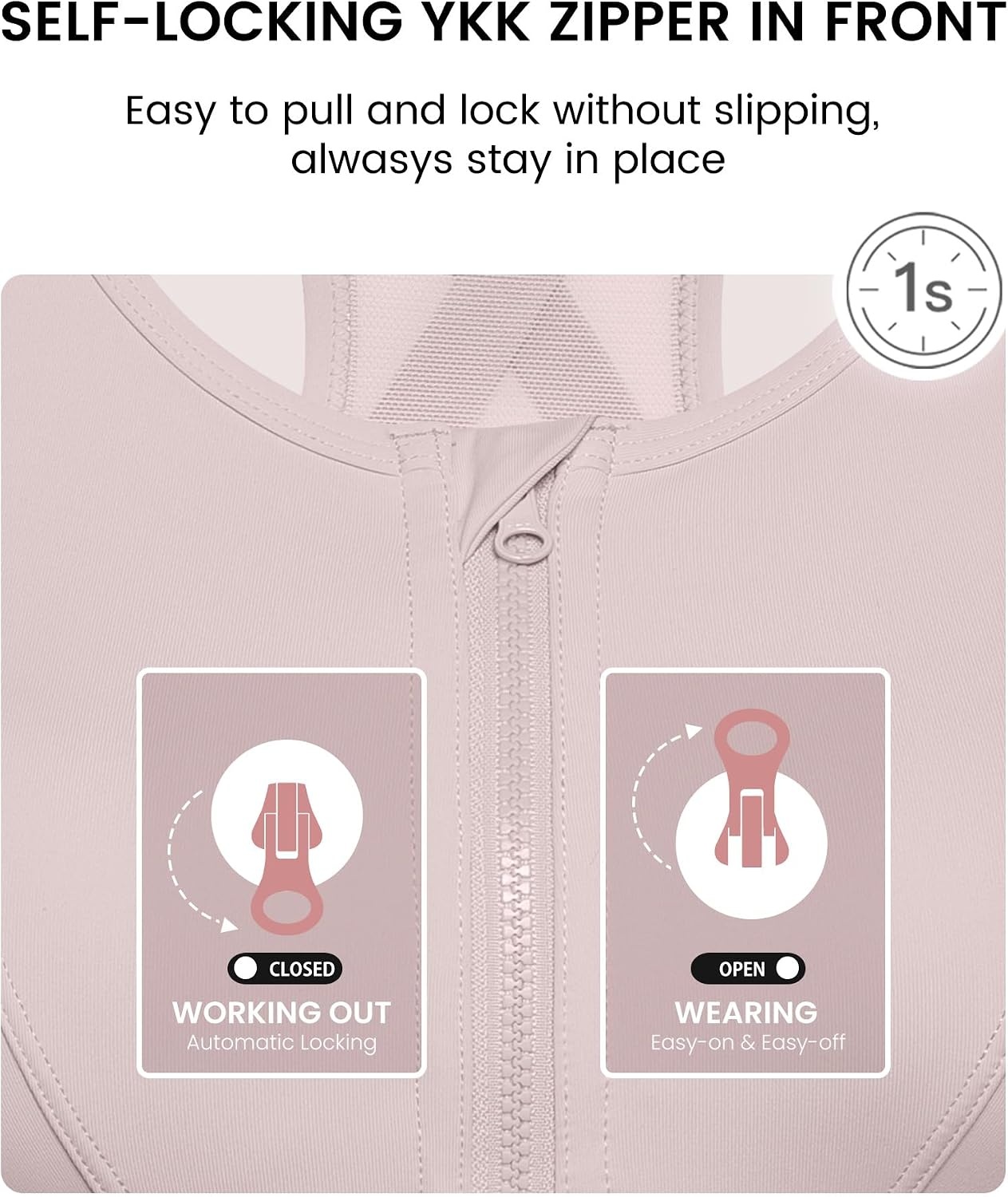 Yvette High Impact Zip Front Sports Bra for Women | Supportive, Breathable Mesh Racerback, Nonremovable Cups, Wireless, Easy on and off, Running(Pale Pink)
