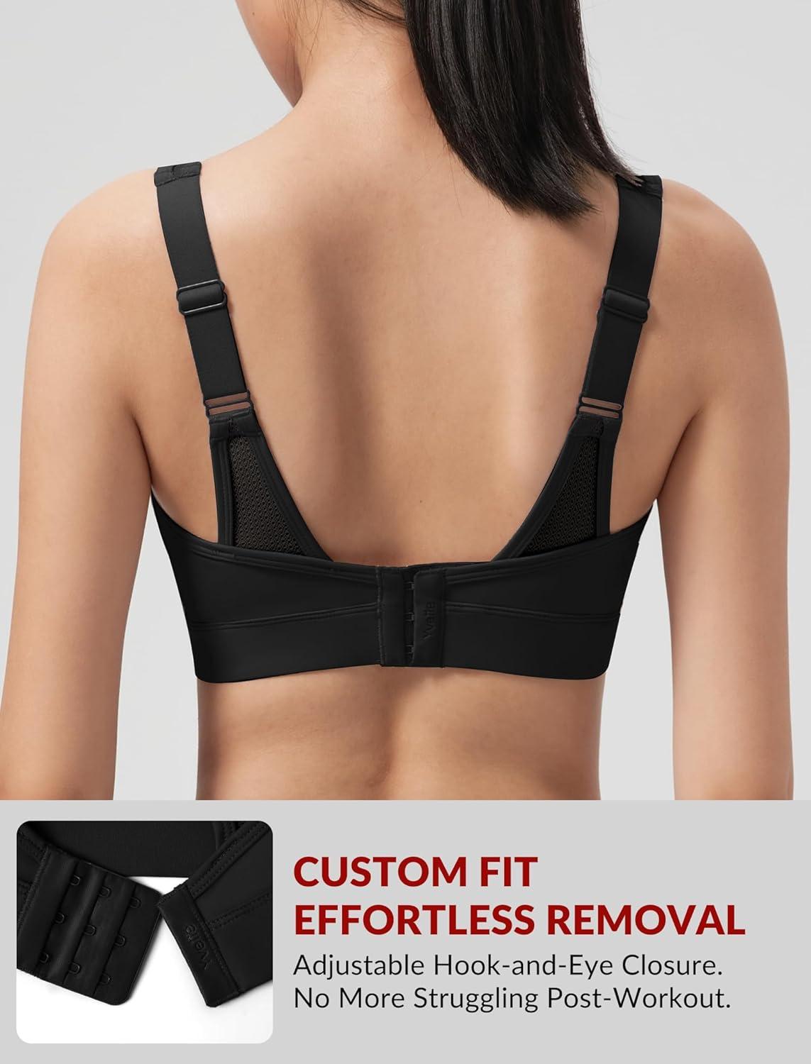 Yvette Sports Bras for Women with Adjustable Straps High Impact Support Running Bra Wireless Front Cross Plus Size Workout(Black)