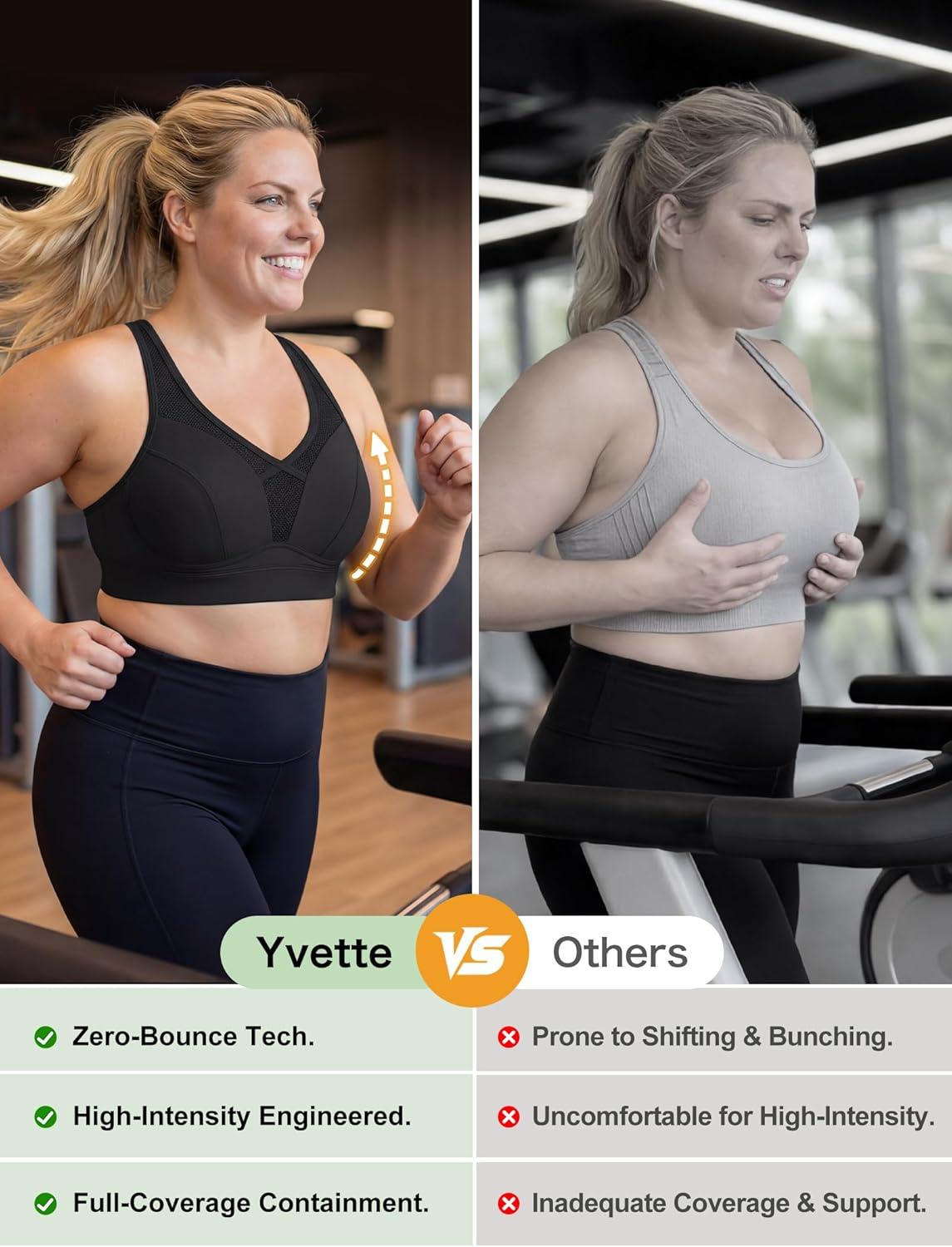 Yvette Sports Bras for Women with Adjustable Straps High Impact Support Running Bra Wireless Front Cross Plus Size Workout(Black)