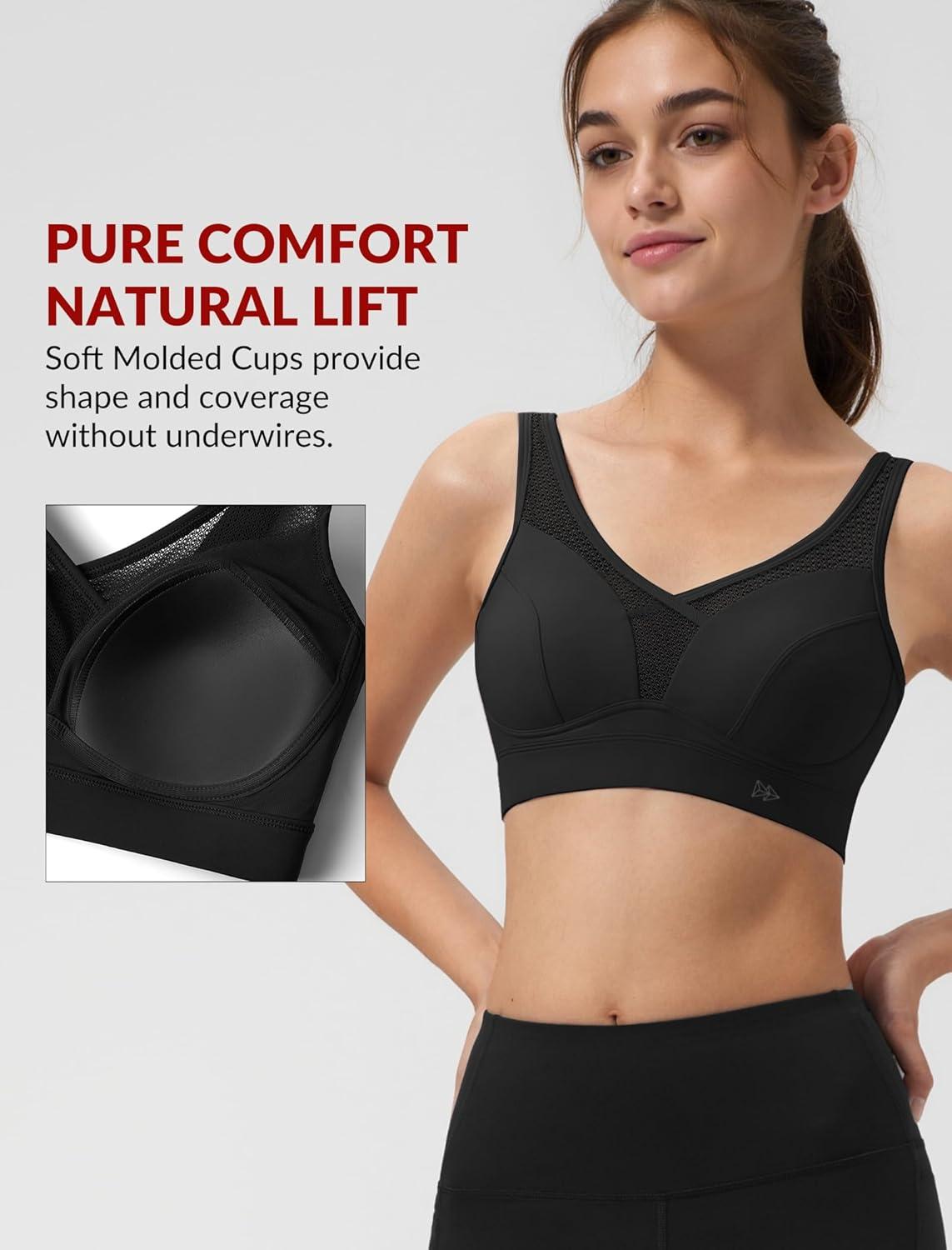 Yvette Sports Bras for Women with Adjustable Straps High Impact Support Running Bra Wireless Front Cross Plus Size Workout(Black)