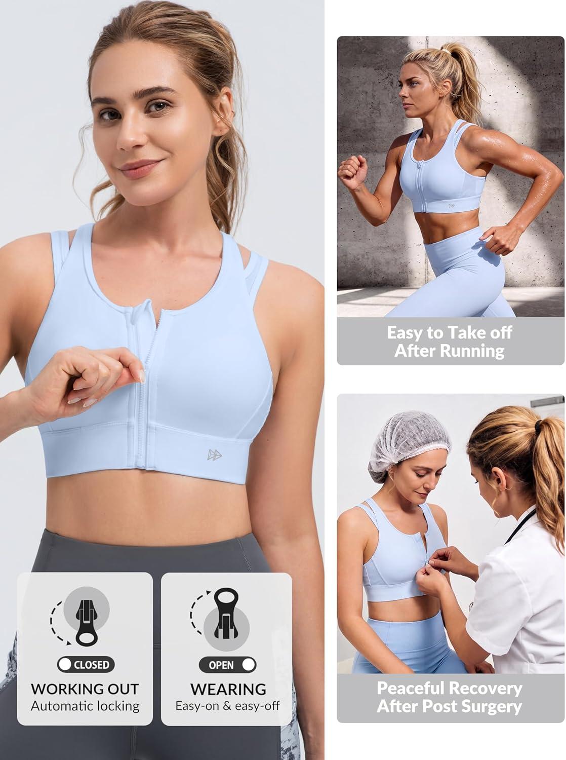 Yvette Front Closure High Support Sports Bras for Women Double Straps Plus Size Sports Bra with Sewn in Pads(Blue)