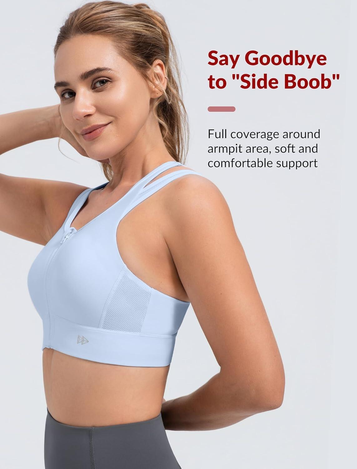 Yvette Front Closure High Support Sports Bras for Women Double Straps Plus Size Sports Bra with Sewn in Pads(Blue)