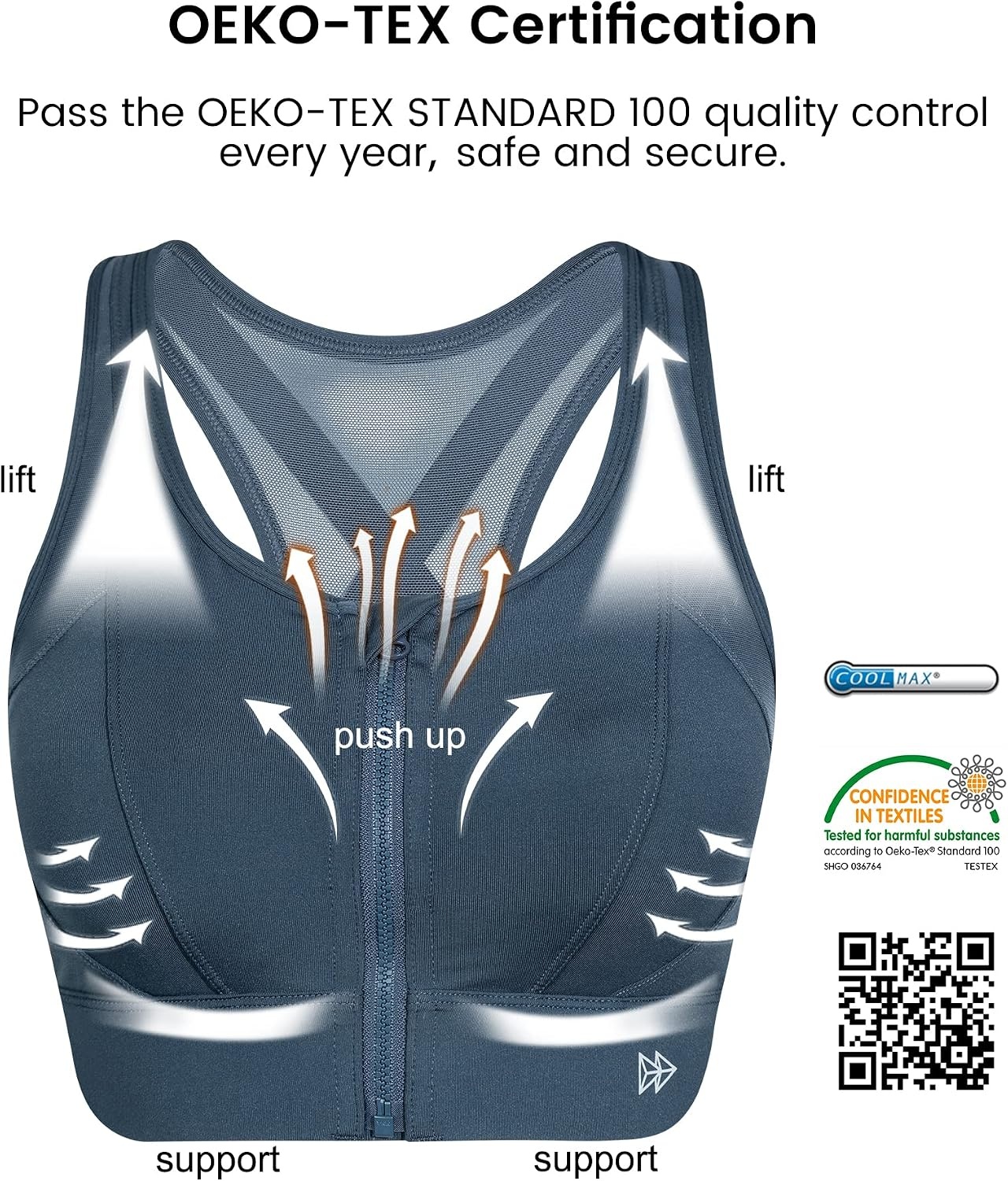 Yvette High Impact Zip Front Sports Bra for Women | Supportive, Breathable Mesh Racerback, Nonremovable Cups, Wireless, Easy on and off, Running(Navy)