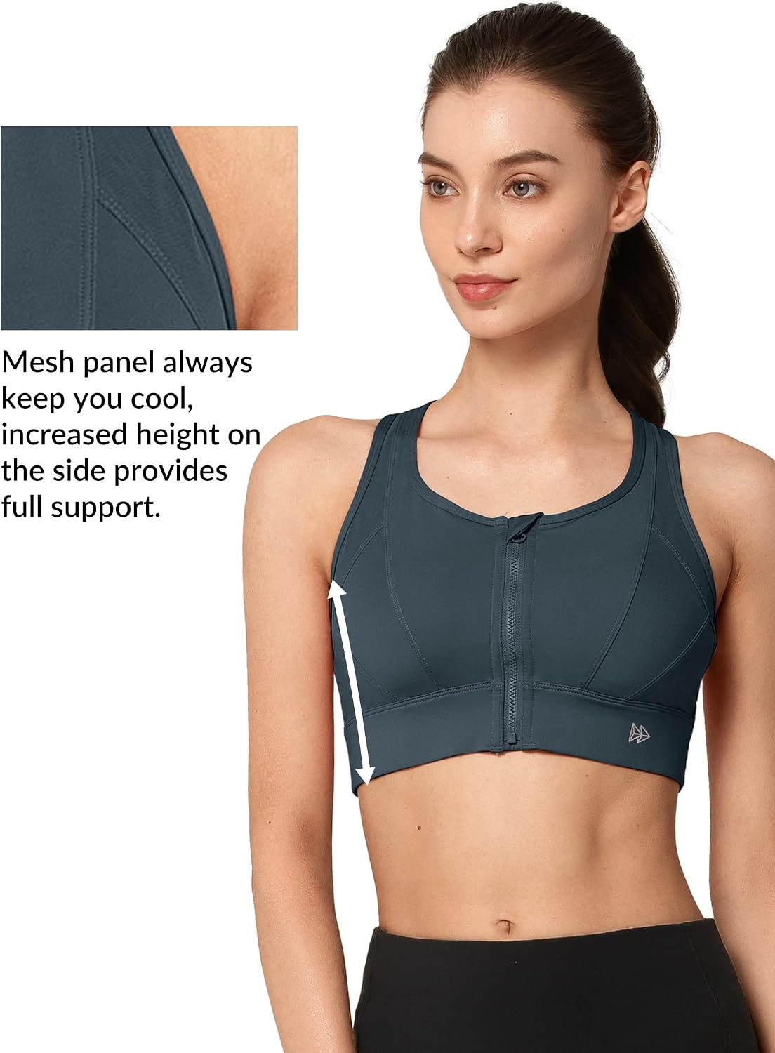 Yvette High Impact Zip Front Sports Bra for Women | Supportive, Breathable Mesh Racerback, Nonremovable Cups, Wireless, Easy on and off, Running(Navy)