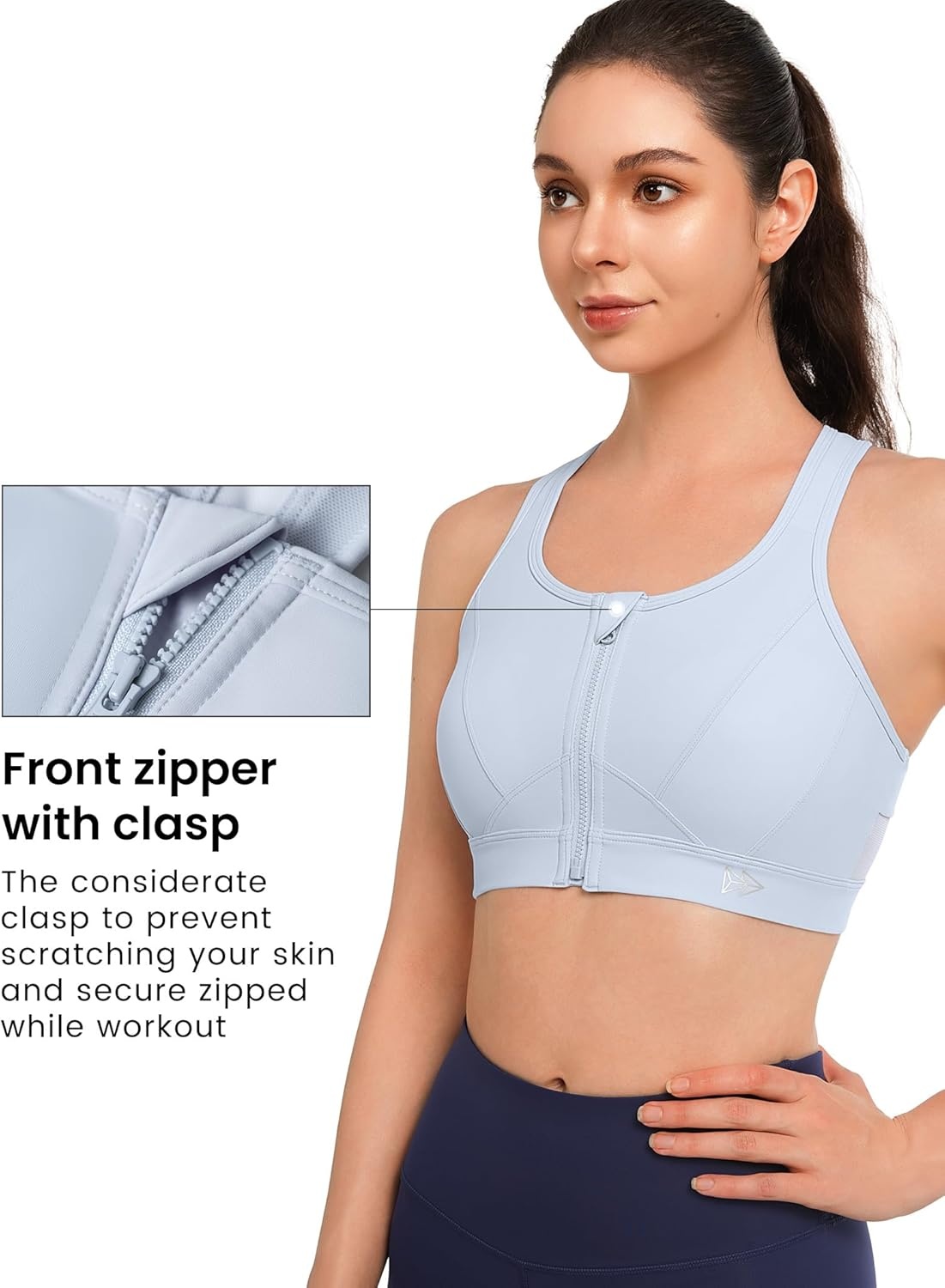 Yvette Zip Front Sports Bra High Impact Running | Secure Locking Zipper,Fixed Non-Slip Pads,Breathable,Wireless Comfort,Full Coverage,Plus Size Friendly,Gym Workout,Fitness(Light Blue)