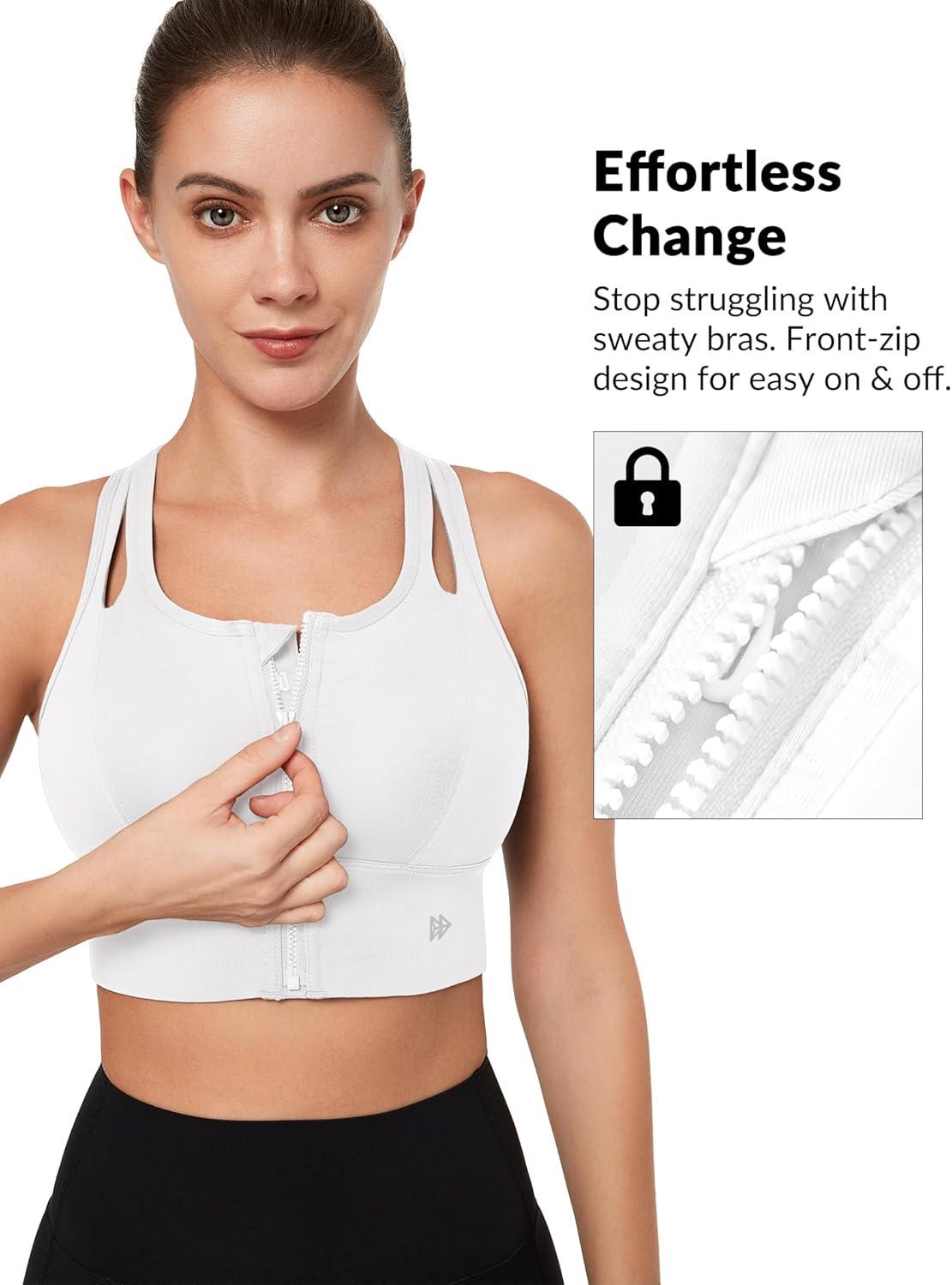 Yvette Sports Bras for Women High Impact Support, Front Zipper Running Bra Plus Size, No Bounce with Racerback & Sewn in Pads(White)