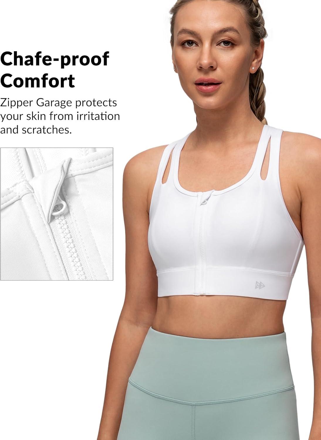 Yvette Sports Bras for Women High Impact Support, Front Zipper Running Bra Plus Size, No Bounce with Racerback & Sewn in Pads(White)