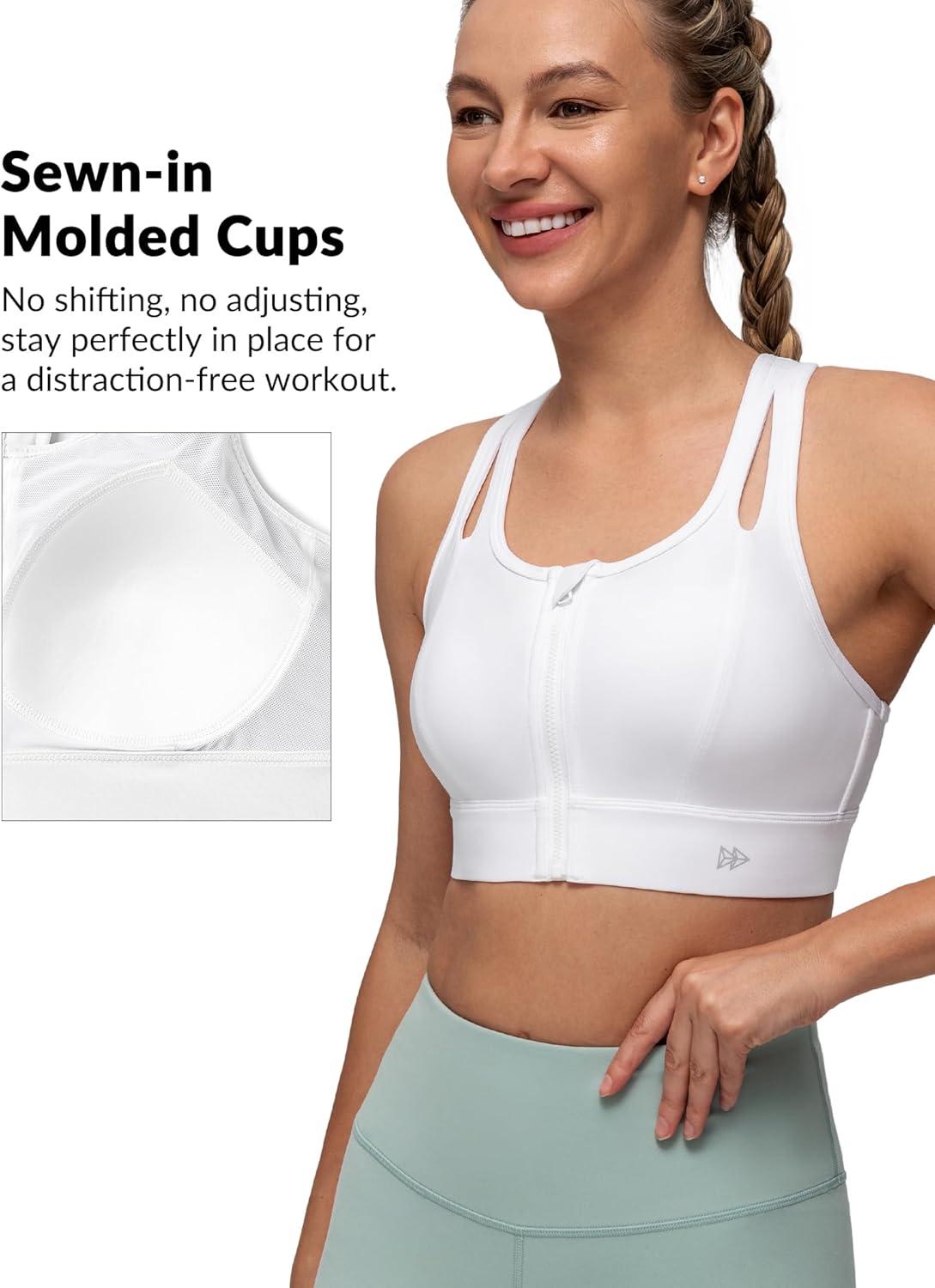 Yvette Sports Bras for Women High Impact Support, Front Zipper Running Bra Plus Size, No Bounce with Racerback & Sewn in Pads(White)