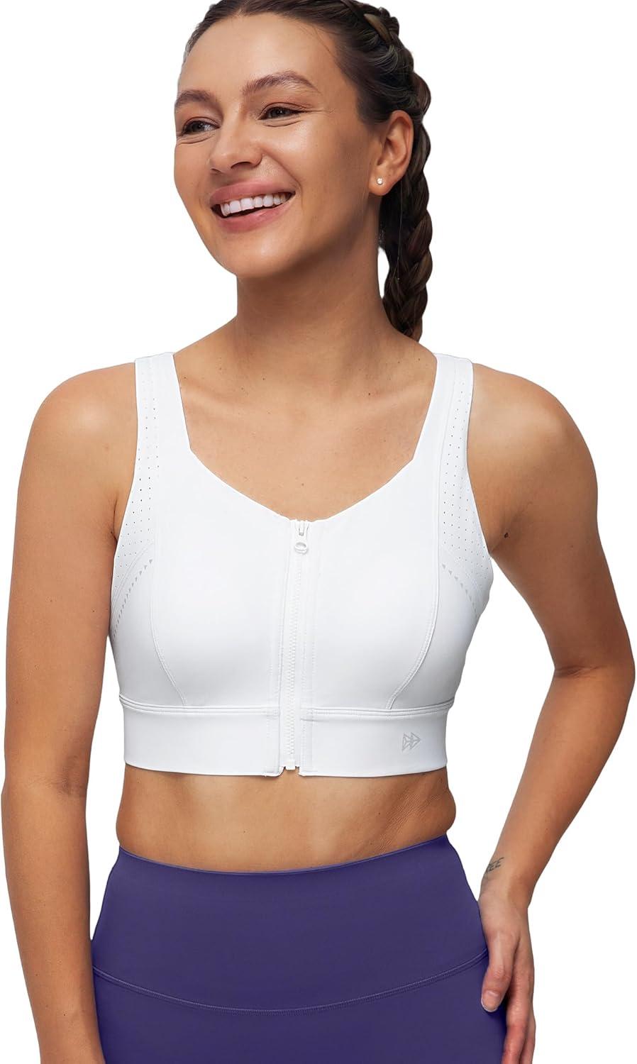 Yvette Adjustable Sports Bras for Women High Impact Front Zip Mesh Supportive Bras for Large Bust Plus Size(White)