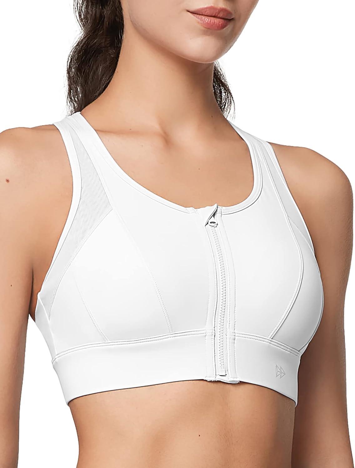 Yvette High Impact Zip Front Sports Bra Mesh Racerback Workout High Support Sports Bras for Women Large Breasts(White)