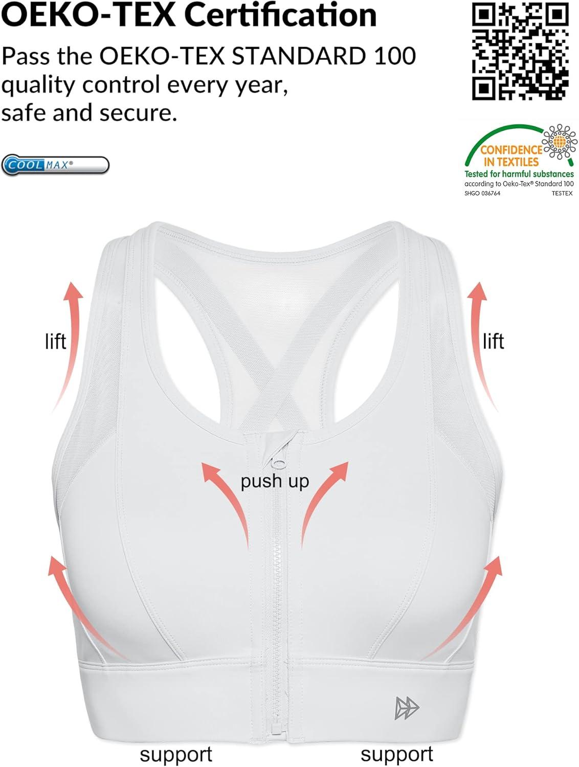 Yvette High Impact Zip Front Sports Bra Mesh Racerback Workout High Support Sports Bras for Women Large Breasts(White)