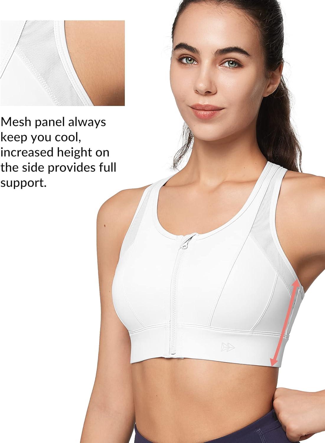 Yvette High Impact Zip Front Sports Bra Mesh Racerback Workout High Support Sports Bras for Women Large Breasts(White)