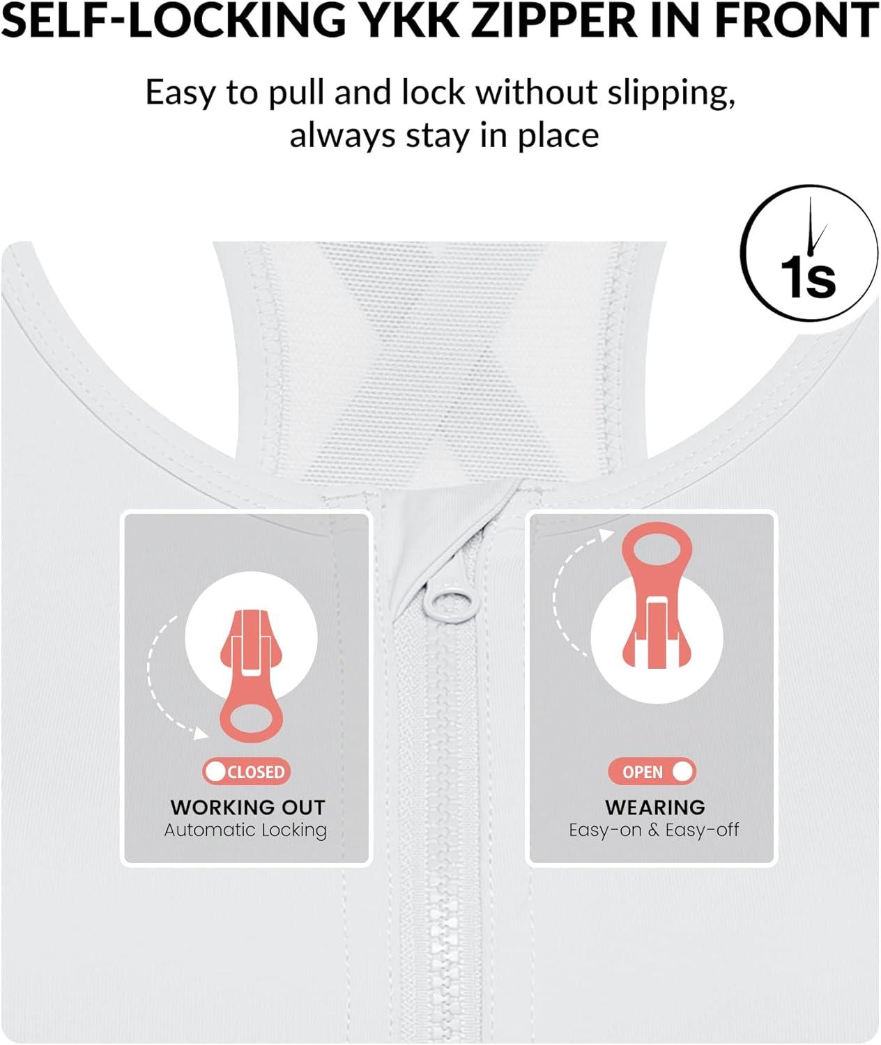 Yvette High Impact Zip Front Sports Bra Mesh Racerback Workout High Support Sports Bras for Women Large Breasts(White)