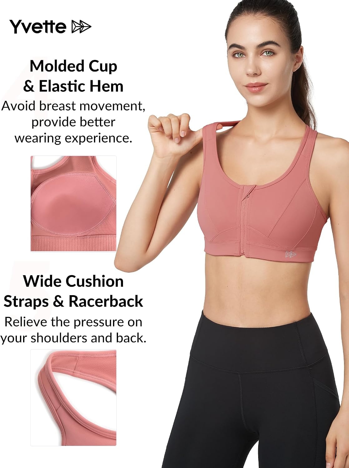 Yvette Zip Front Sports Bra High Impact Running | Secure Locking Zipper,Fixed Non-Slip Pads,Breathable,Wireless Comfort,Full Coverage,Plus Size Friendly,Gym Workout,Fitness(Rose Red)