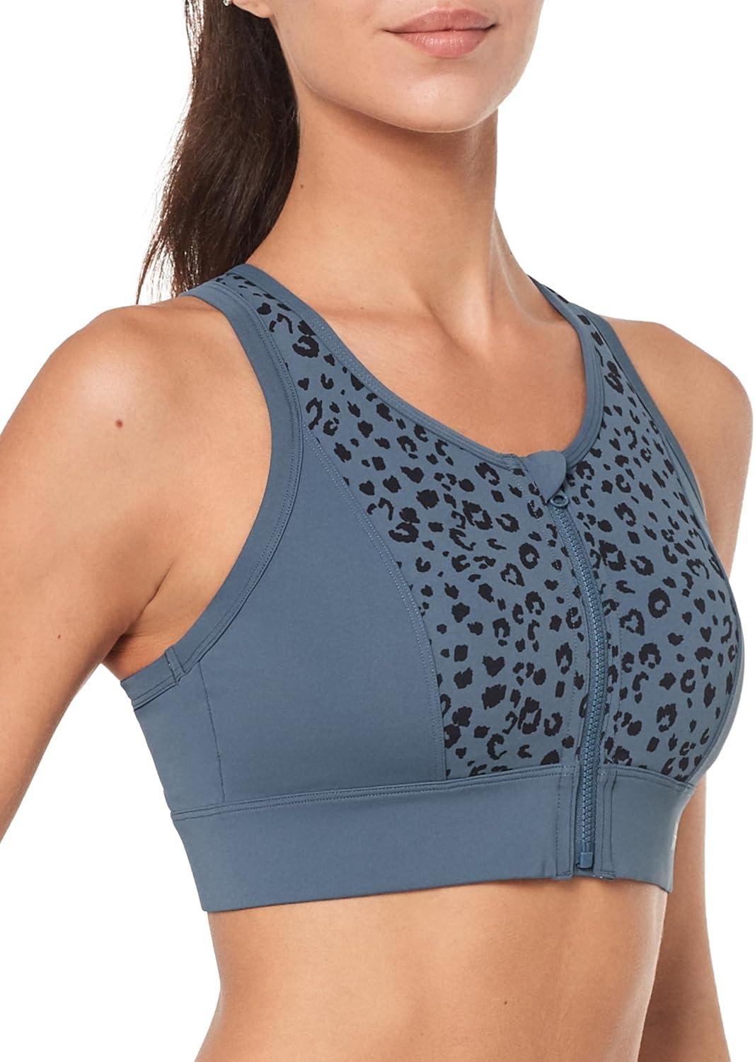 Yvette Front Closure High Support Sports Bras for Women Double Straps Plus Size Sports Bra with Sewn in Pads(Blue Leopard Print)