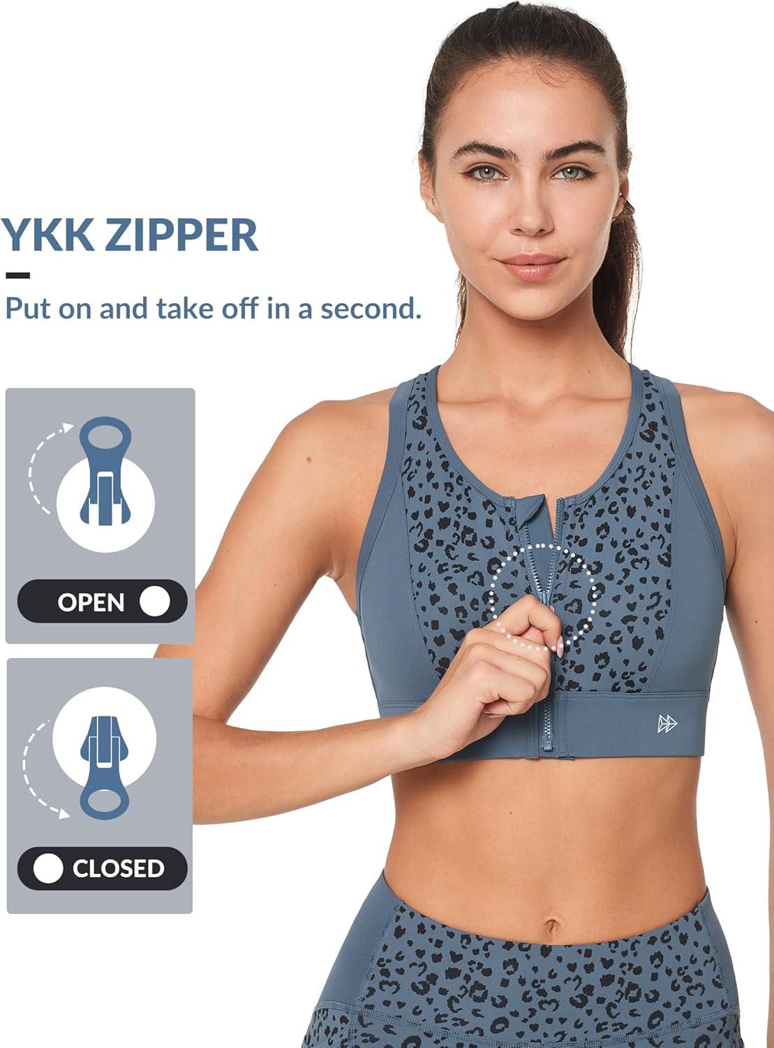 Yvette Front Closure High Support Sports Bras for Women Double Straps Plus Size Sports Bra with Sewn in Pads(Blue Leopard Print)