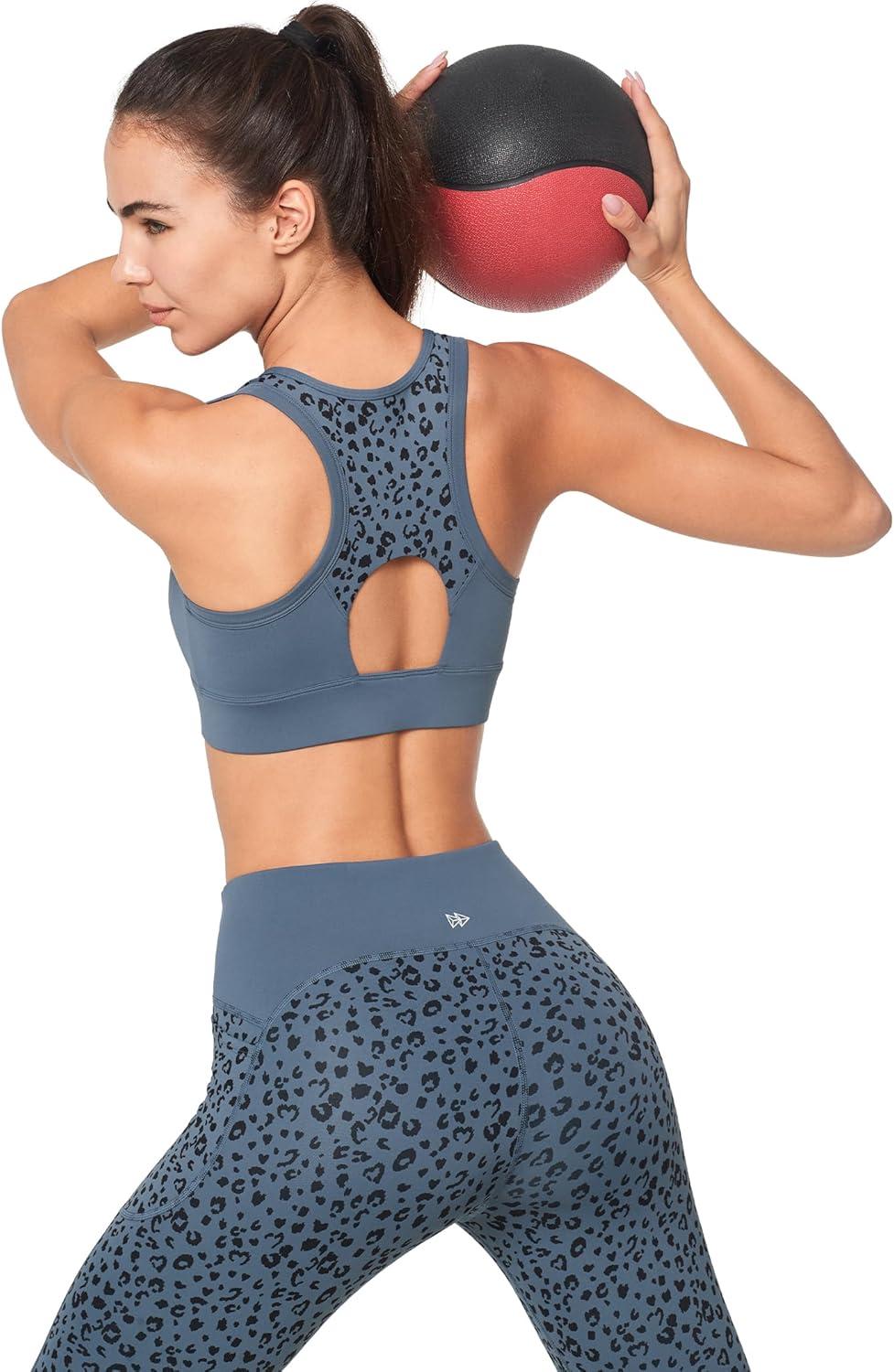 Yvette Front Closure High Support Sports Bras for Women Double Straps Plus Size Sports Bra with Sewn in Pads(Blue Leopard Print)