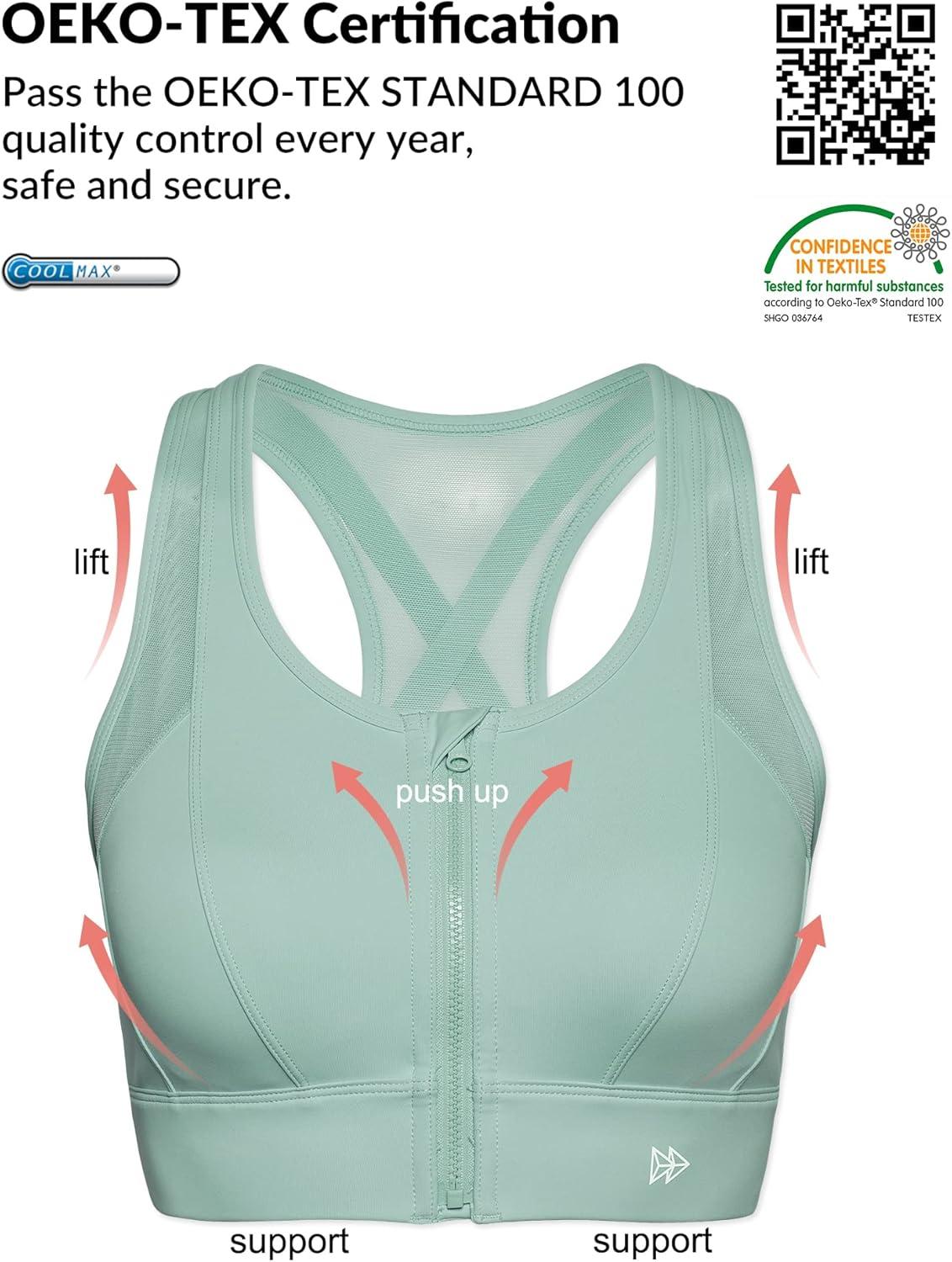 Yvette High Impact Zip Front Sports Bra Mesh Racerback Workout High Support Sports Bras for Women Large Breasts(Light Green)