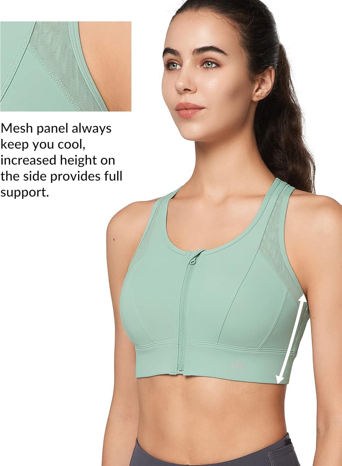 Yvette High Impact Zip Front Sports Bra Mesh Racerback Workout High Support Sports Bras for Women Large Breasts(Light Green)