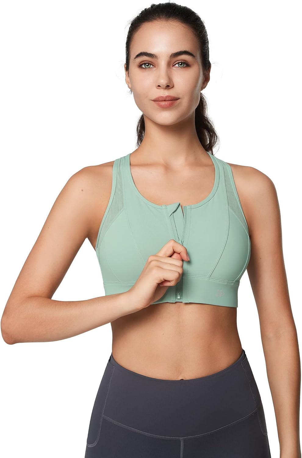 Yvette High Impact Zip Front Sports Bra Mesh Racerback Workout High Support Sports Bras for Women Large Breasts(Light Green)