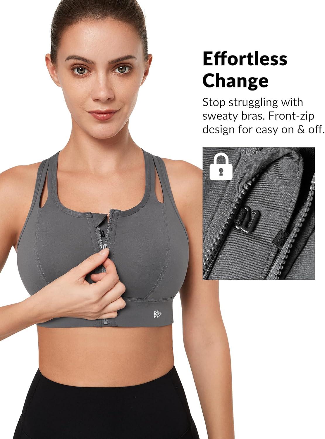 Yvette Sports Bras for Women High Impact Support, Front Zipper Running Bra Plus Size, No Bounce with Racerback & Sewn in Pads(Grey)