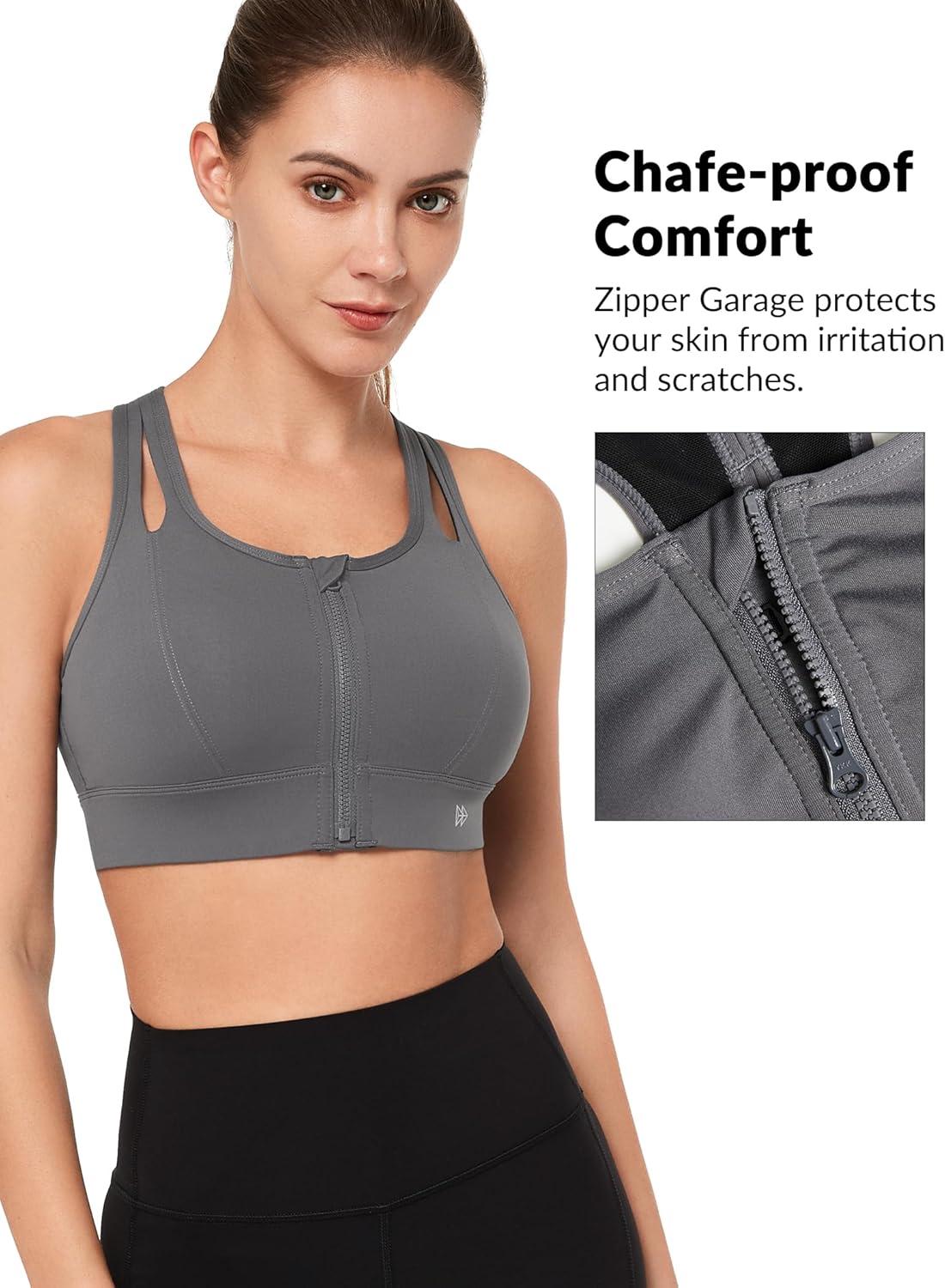 Yvette Sports Bras for Women High Impact Support, Front Zipper Running Bra Plus Size, No Bounce with Racerback & Sewn in Pads(Grey)