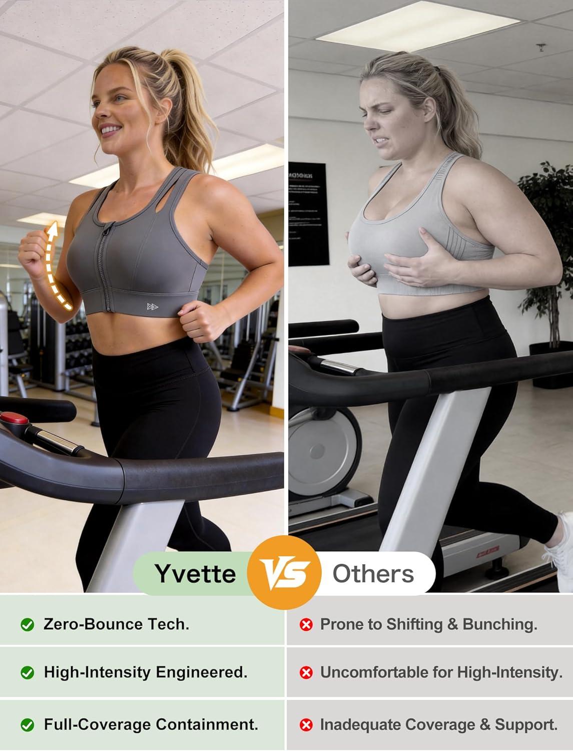 Yvette Sports Bras for Women High Impact Support, Front Zipper Running Bra Plus Size, No Bounce with Racerback & Sewn in Pads(Grey)